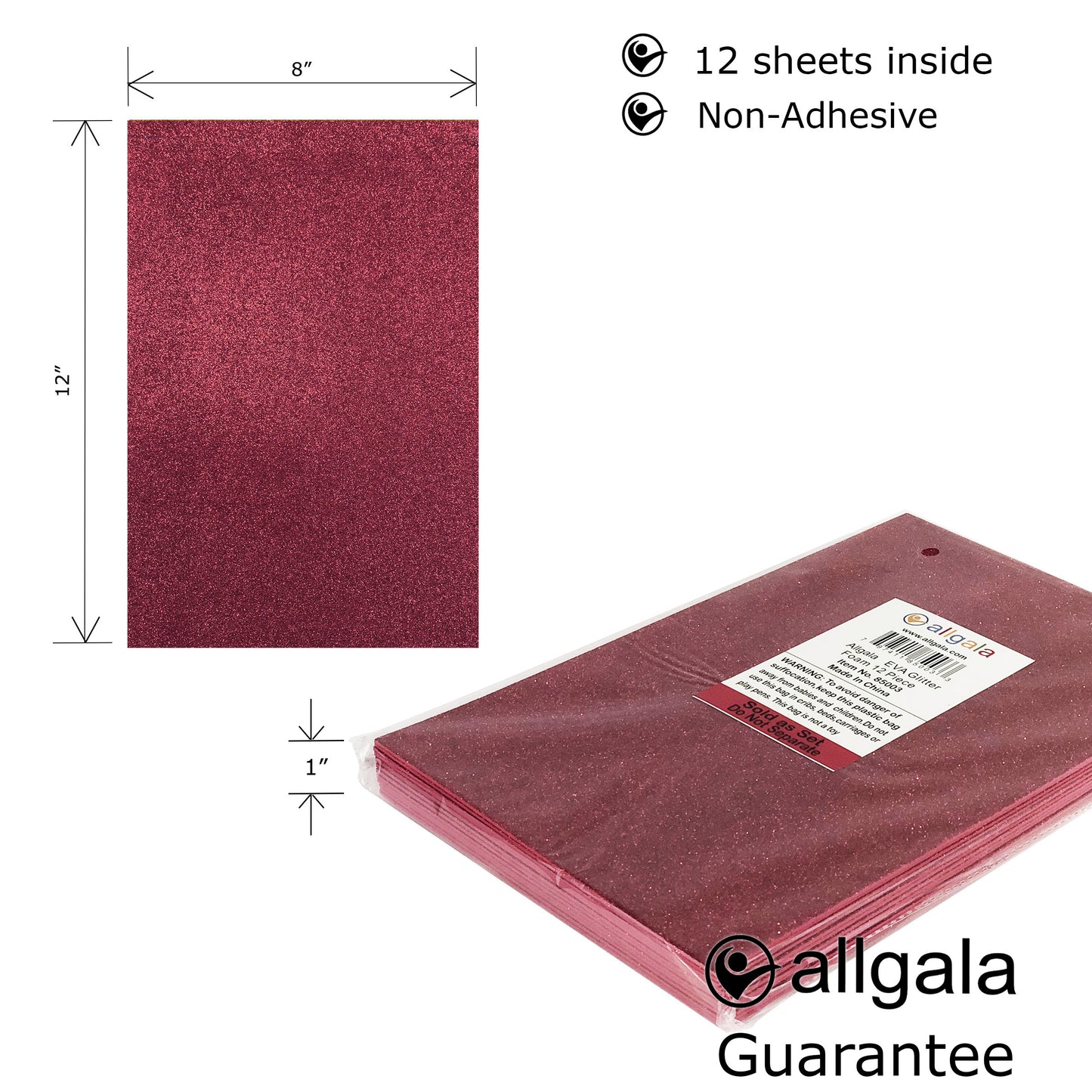 Allgala Foam Sheet 12 Pack Glitter EVA Foam Paper 8" x 12" Sheets for Kids Art Project, Cosplay Costume, Arts and Crafts