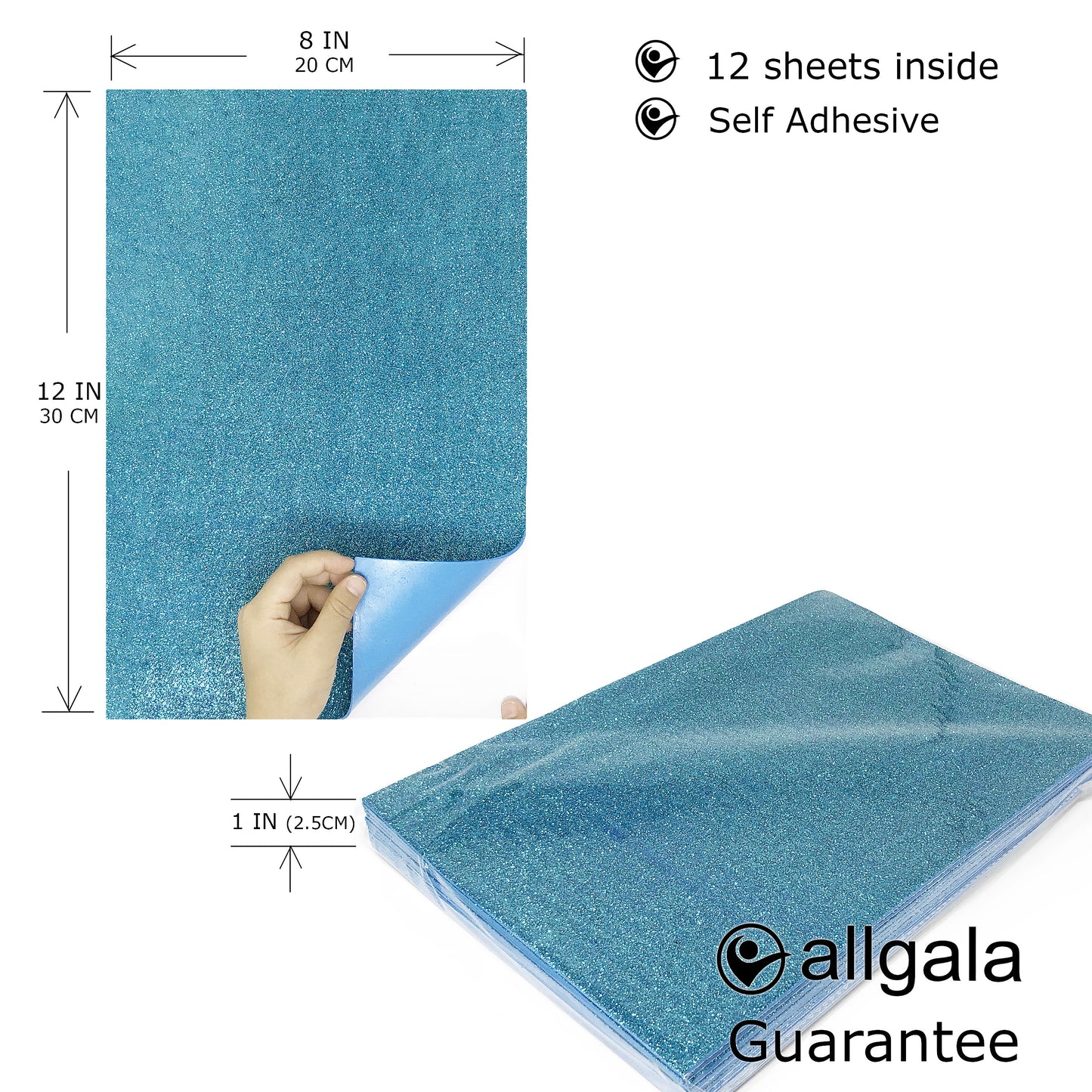 Allgala Foam Sheet Self Adhesive 12 Pack Glitter EVA Foam Paper 8" x 12" Sheets for Kids Art Project, Cosplay Costume, Arts and Crafts