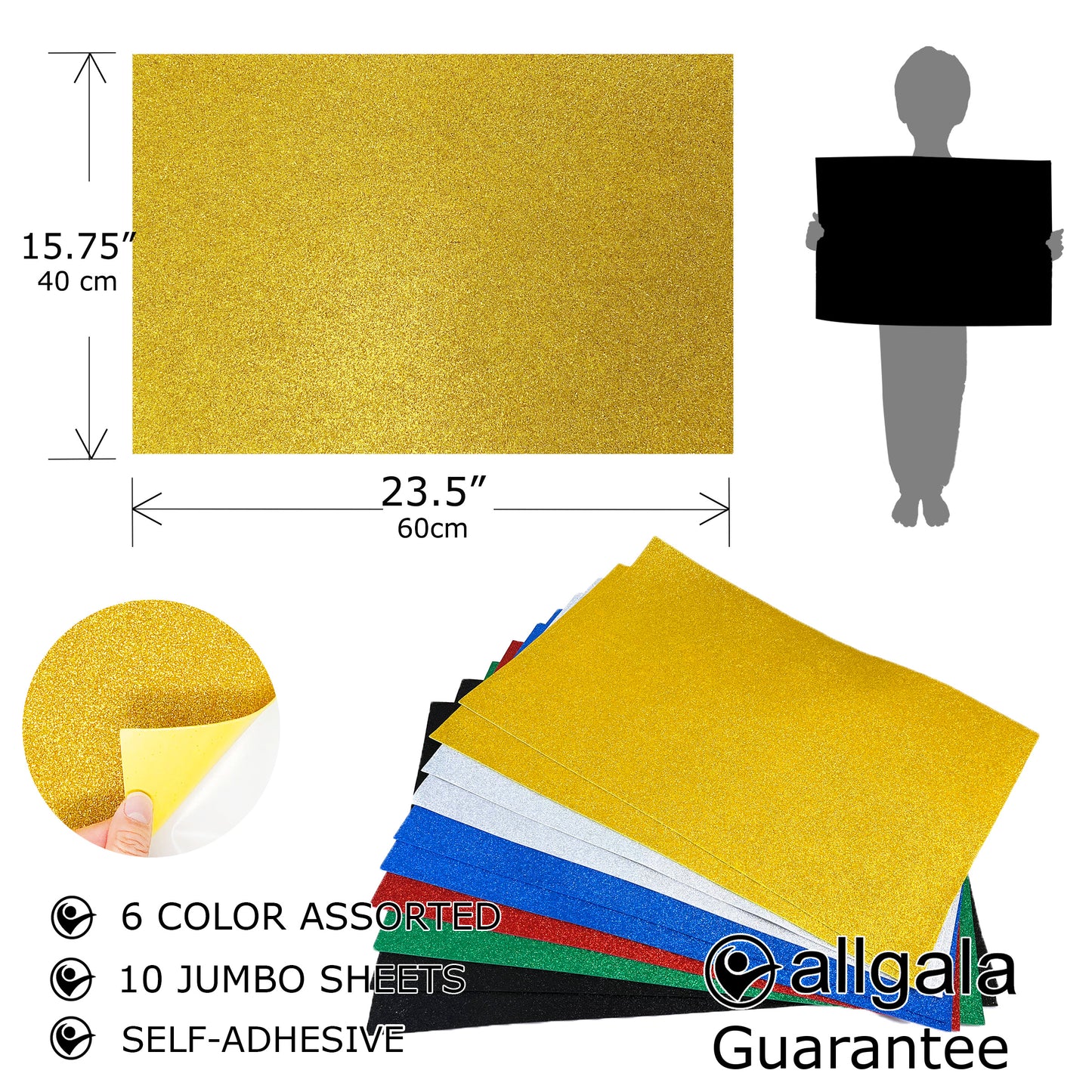 Allgala Foam Sheet 12 Pack JumboL 16"x24" Glitter EVA Foam Paper Sheets - Self-Adhesive