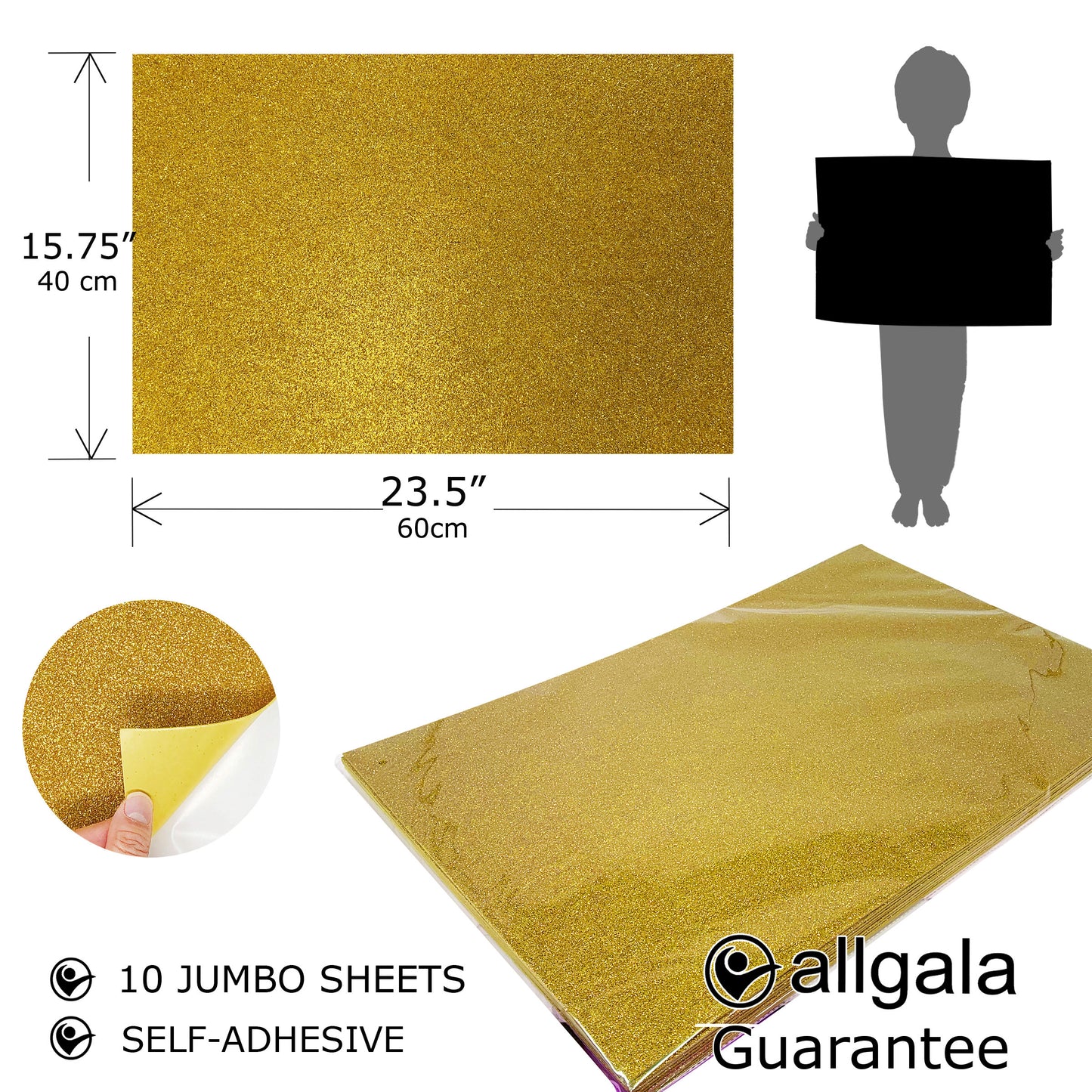 Allgala Foam Sheet 12 Pack JumboL 16"x24" Glitter EVA Foam Paper Sheets - Self-Adhesive