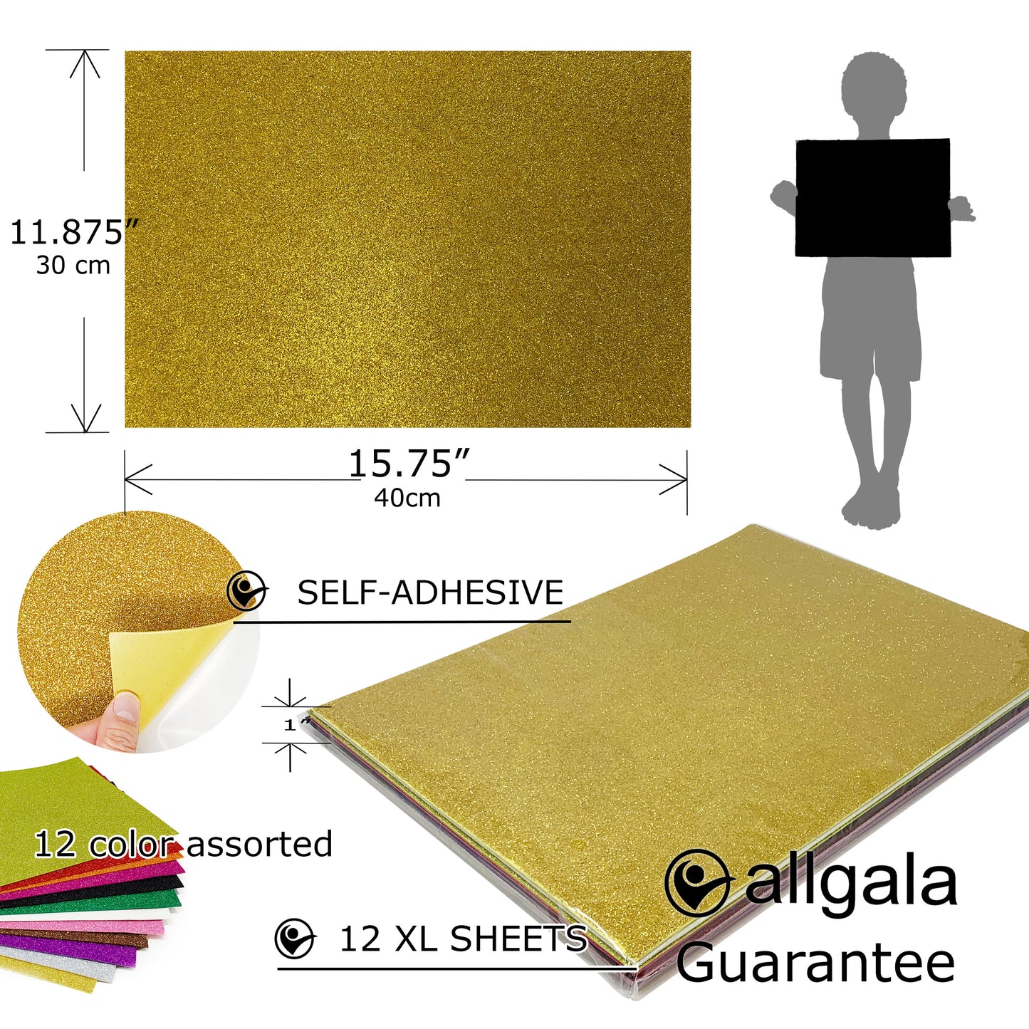 Allgala Foam Sheet 12 Pack XL 12"x16" ADHESIVE Glitter EVA Foam Paper Sheets