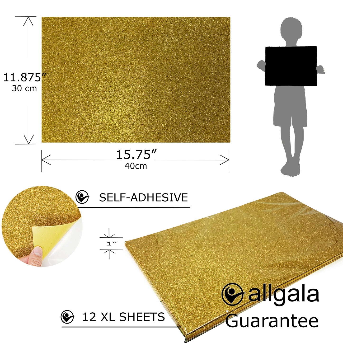 Allgala Foam Sheet 12 Pack XL 12"x16" ADHESIVE Glitter EVA Foam Paper Sheets