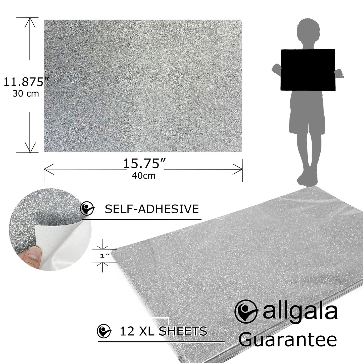 Allgala Foam Sheet 12 Pack XL 12"x16" ADHESIVE Glitter EVA Foam Paper Sheets