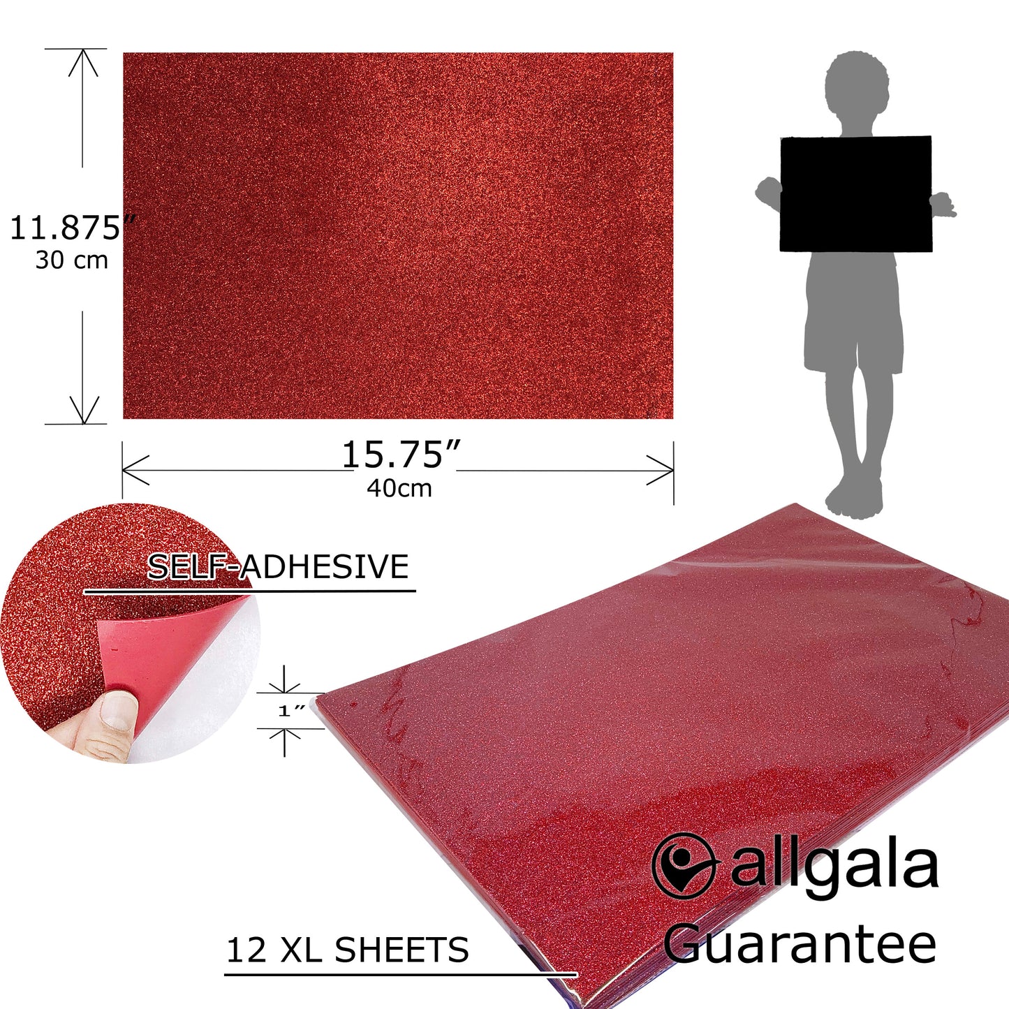 Allgala Foam Sheet 12 Pack XL 12"x16" ADHESIVE Glitter EVA Foam Paper Sheets
