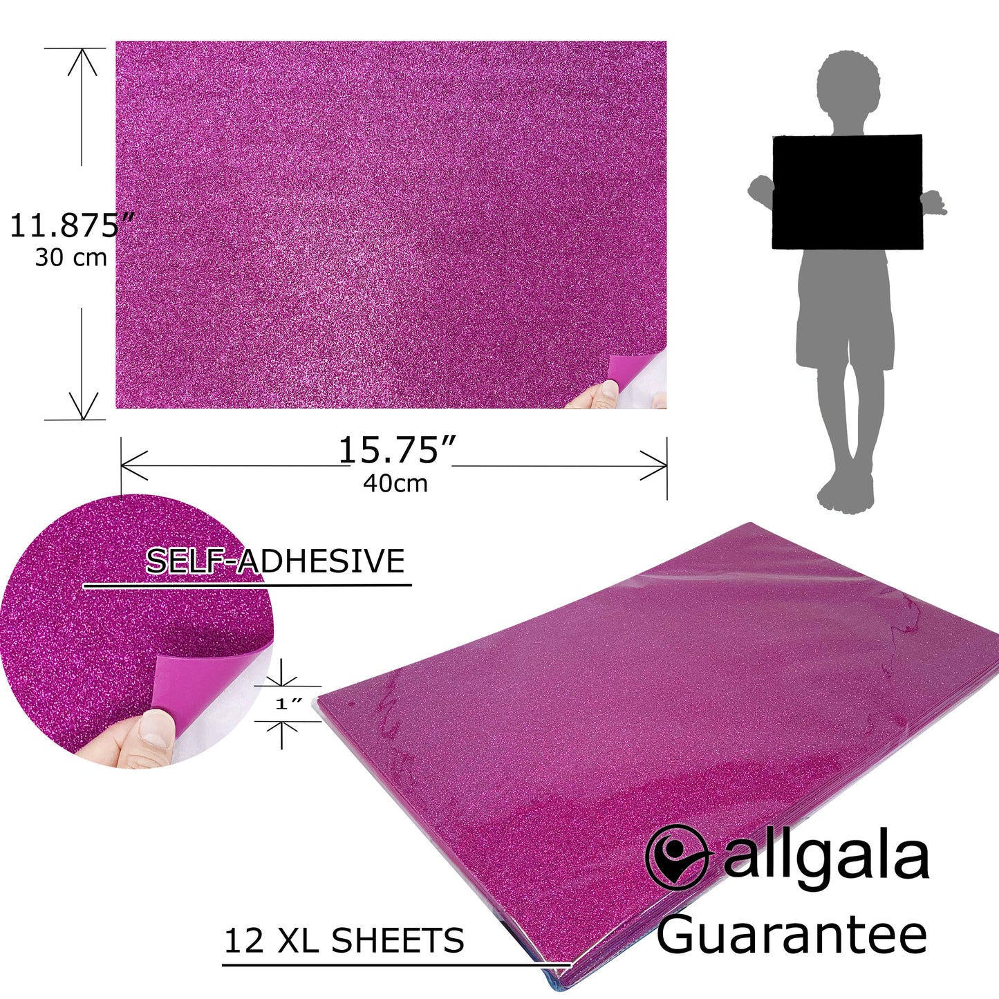 Allgala Foam Sheet 12 Pack XL 12"x16" ADHESIVE Glitter EVA Foam Paper Sheets