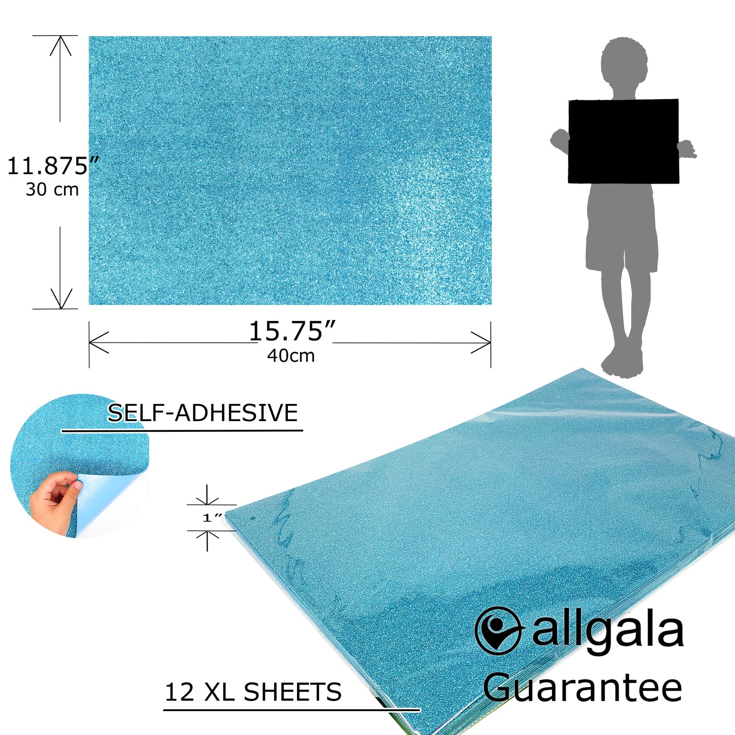 Allgala Foam Sheet 12 Pack XL 12"x16" ADHESIVE Glitter EVA Foam Paper Sheets