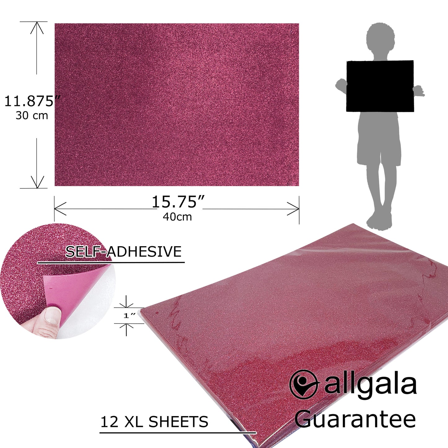 Allgala Foam Sheet 12 Pack XL 12"x16" ADHESIVE Glitter EVA Foam Paper Sheets