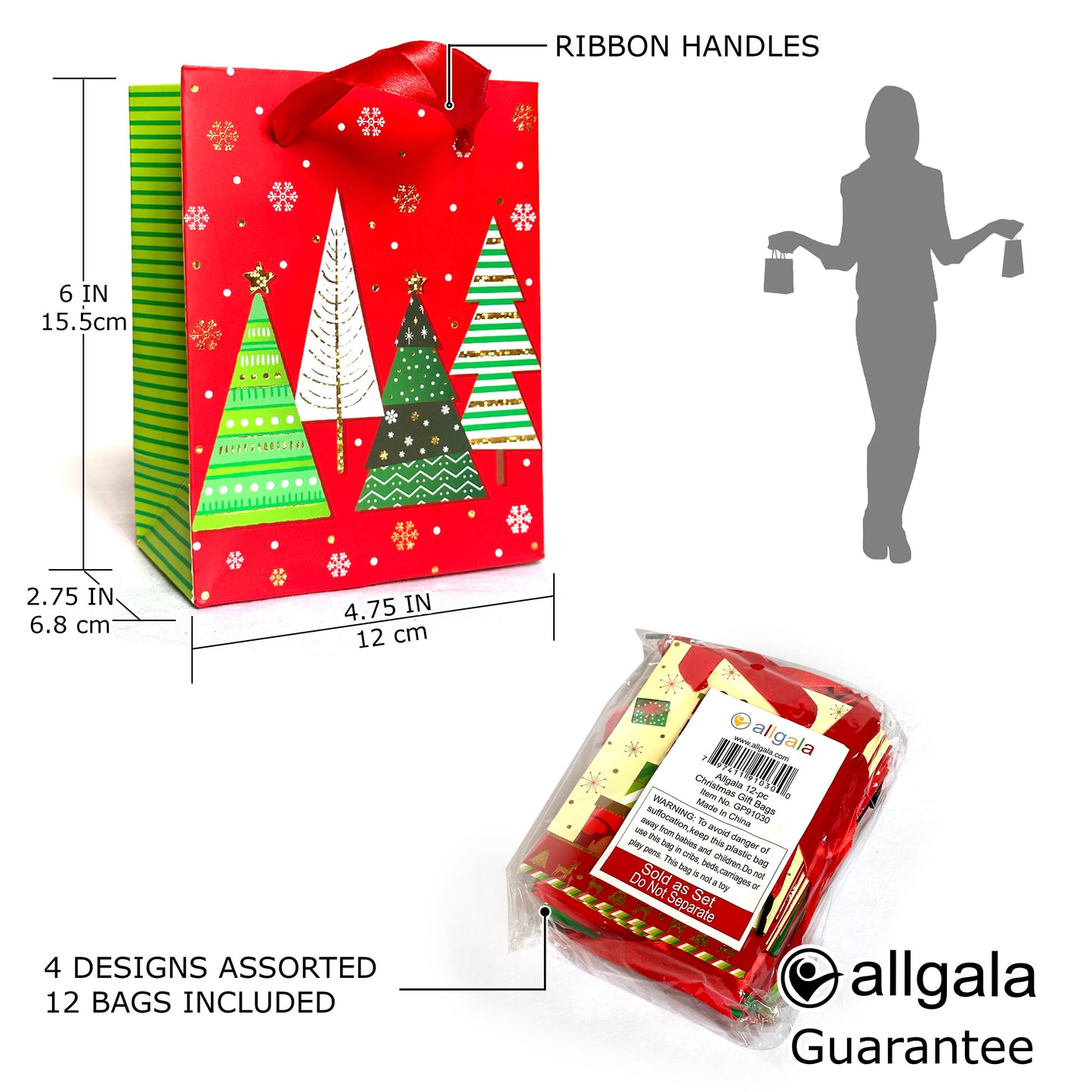 Allgala Gift Bags Christmas 12-PC Premium Metallic Foil Hotstamping Gift Bag - GP9103B