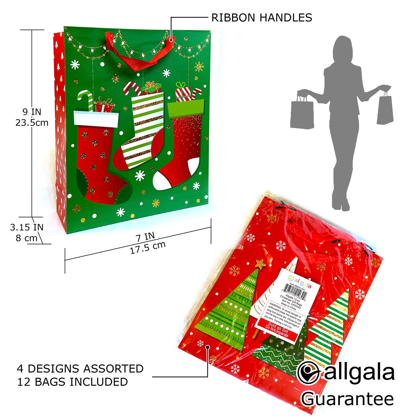Allgala Gift Bags Christmas 12-PC Premium Metallic Foil Hotstamping Gift Bag - GP9103B