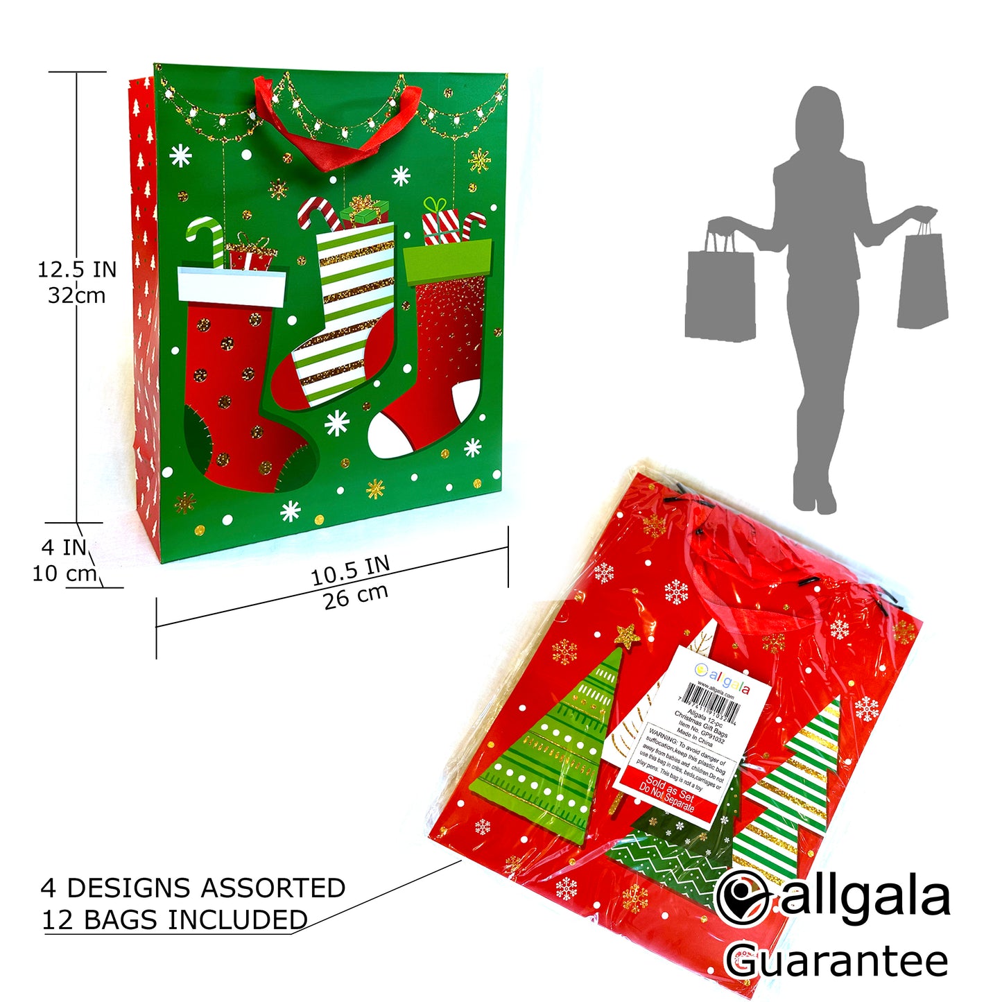 Allgala Gift Bags Christmas 12-PC Premium Metallic Foil Hotstamping Gift Bag - GP9103B