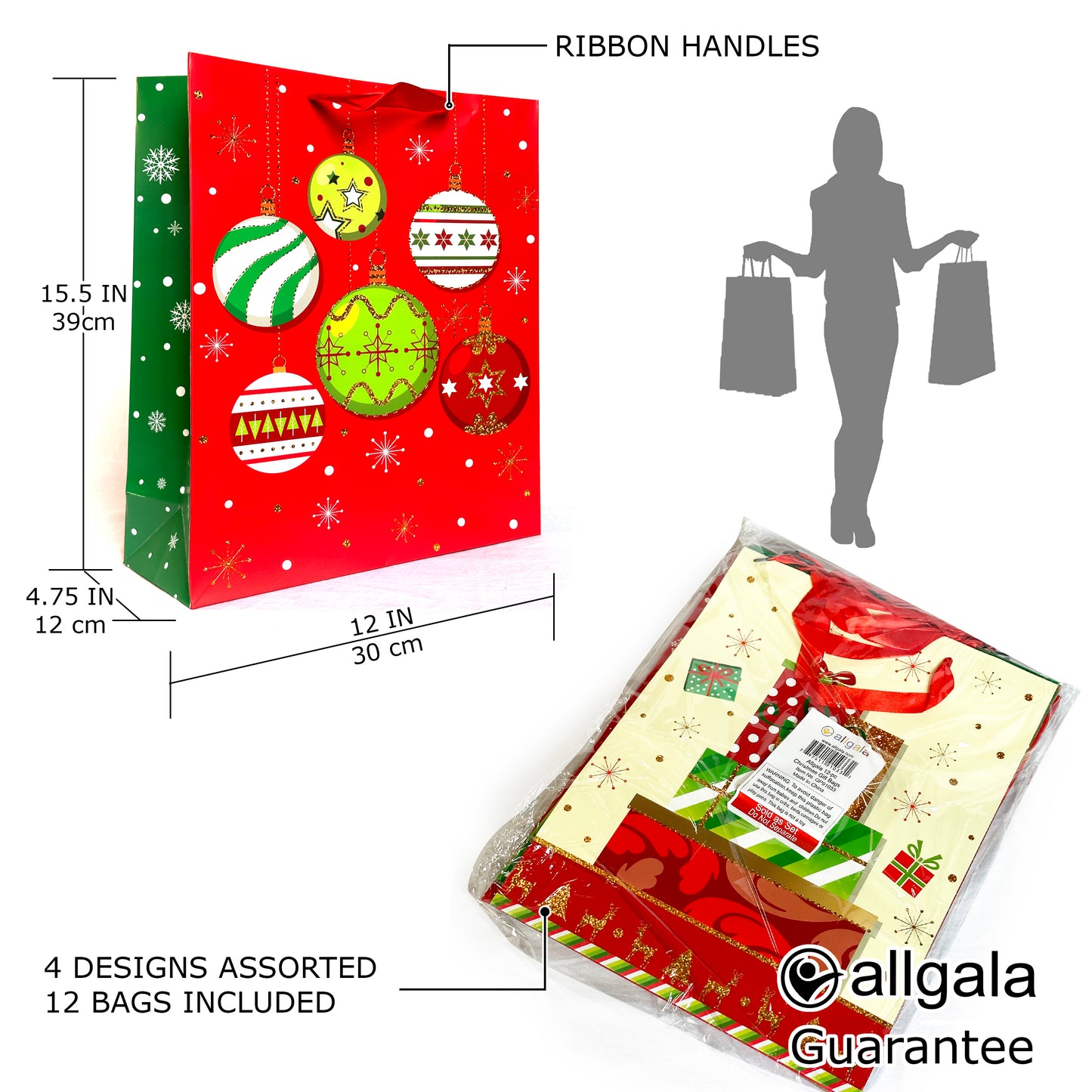 Allgala Gift Bags Christmas 12-PC Premium Metallic Foil Hotstamping Gift Bag - GP9103B