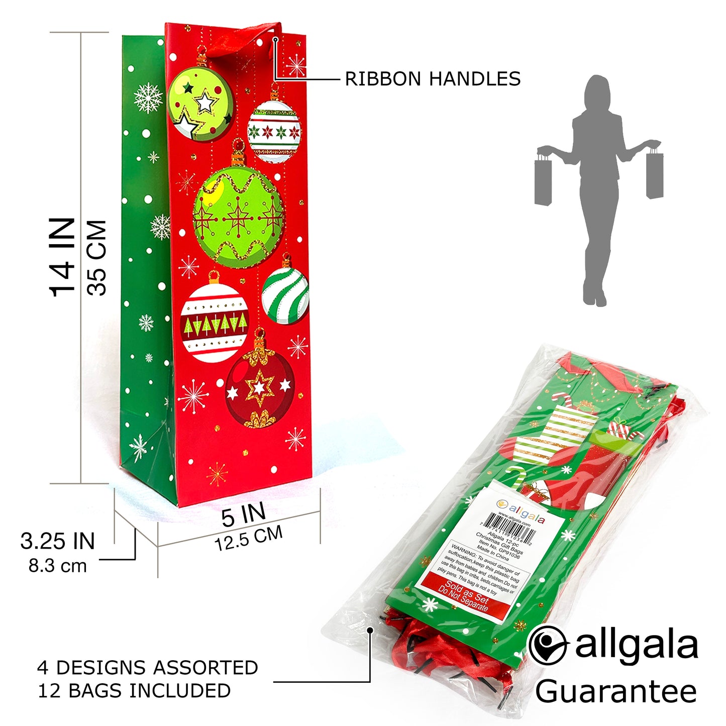 Allgala Gift Bags Christmas 12-PC Premium Metallic Foil Hotstamping Gift Bag - GP9103B