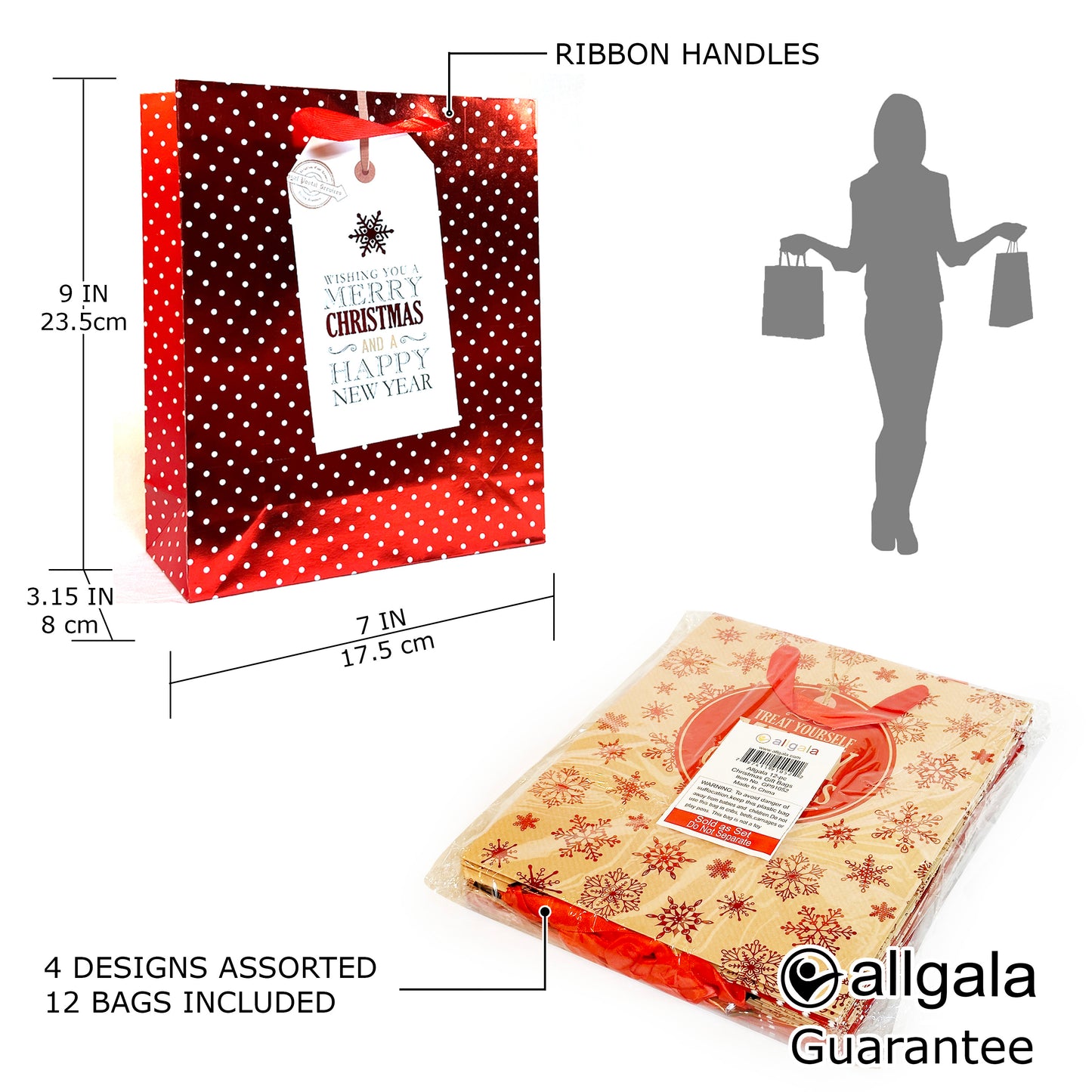 Allgala Gift Bags Christmas 12-PC Premium Metallic Foil Hotstamping Gift Bag - GP9105B