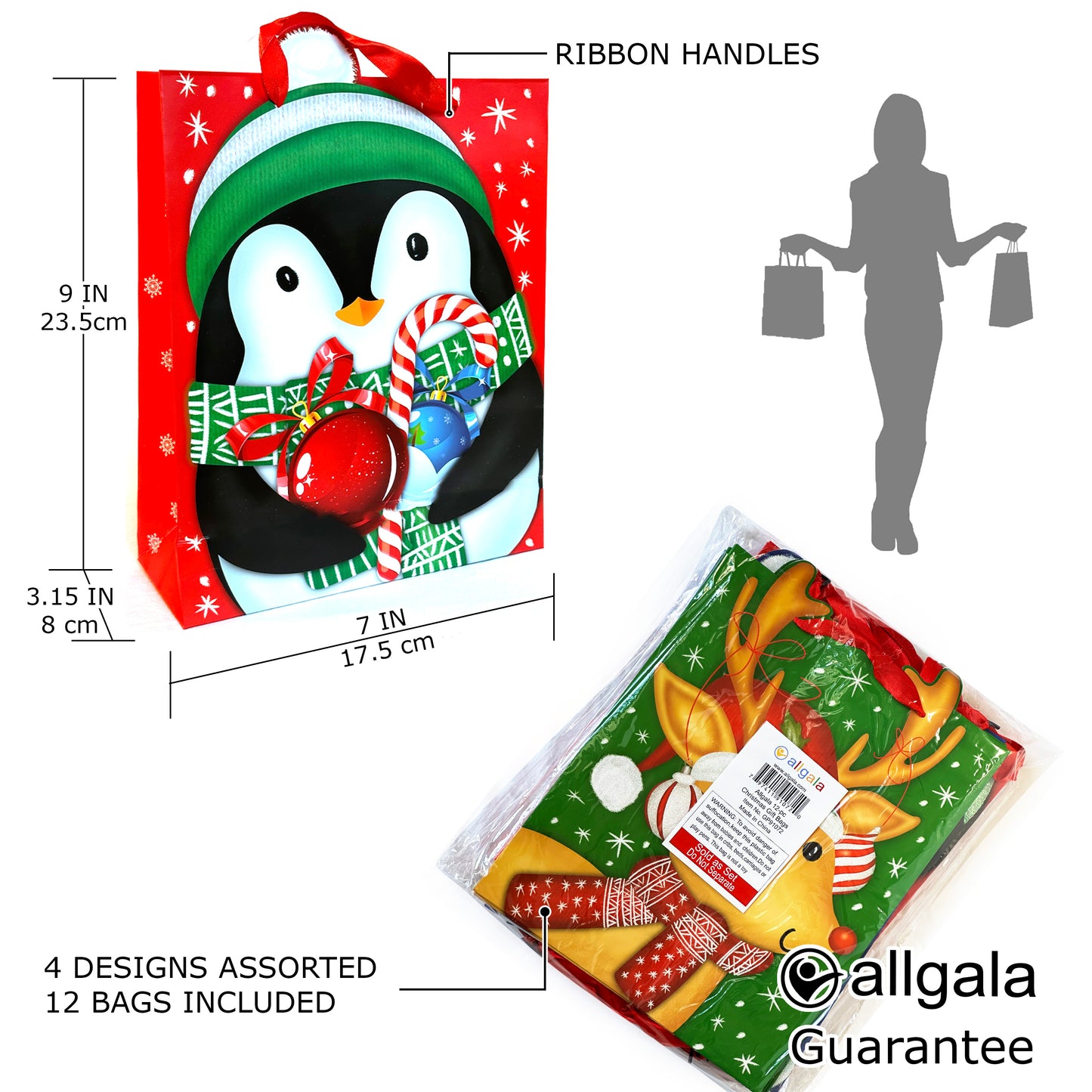 Allgala Gift Bags Christmas 12-PC Premium Vivid Cartoon Cutout Design with Glitter Gift Bag - GP9107B