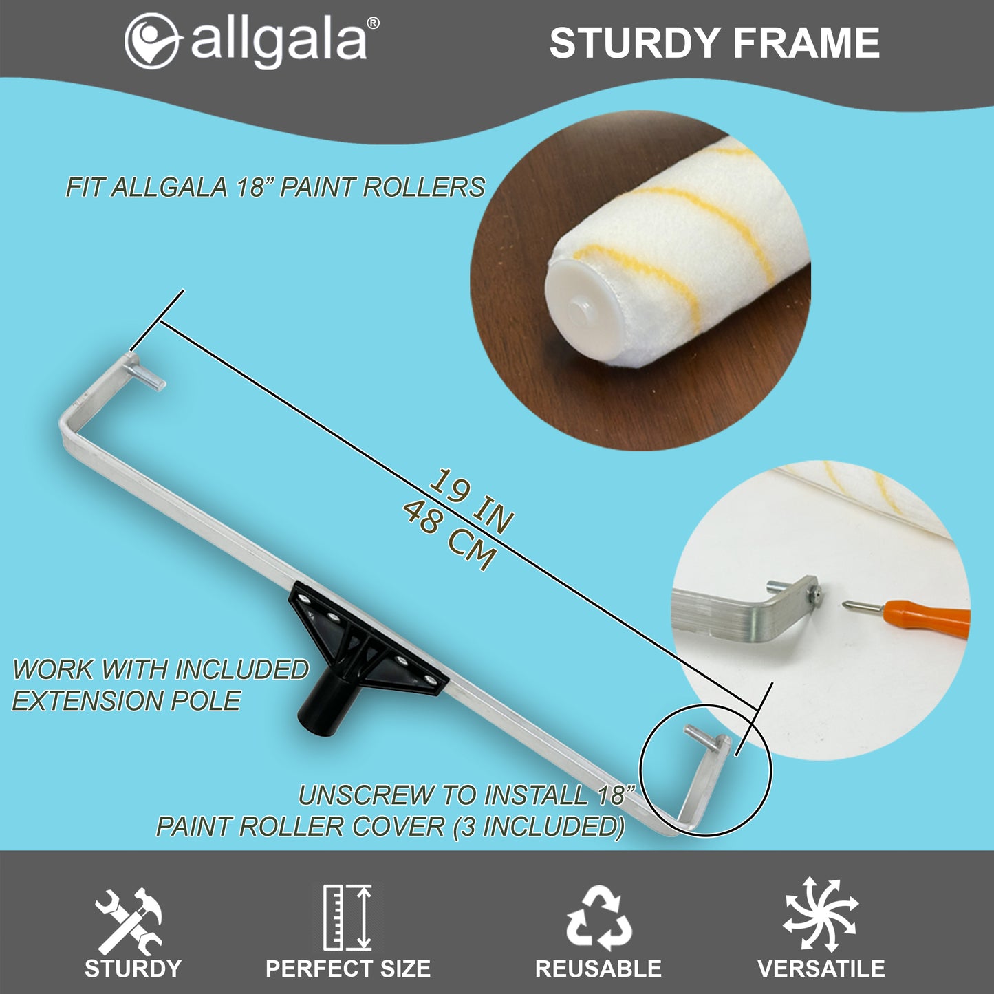Allgala 18 Inch Painting Roller Kit Pro Grade 10 PC Set Paint Tray and Liner, Rollers and Frame, 4 FT Extension Pole