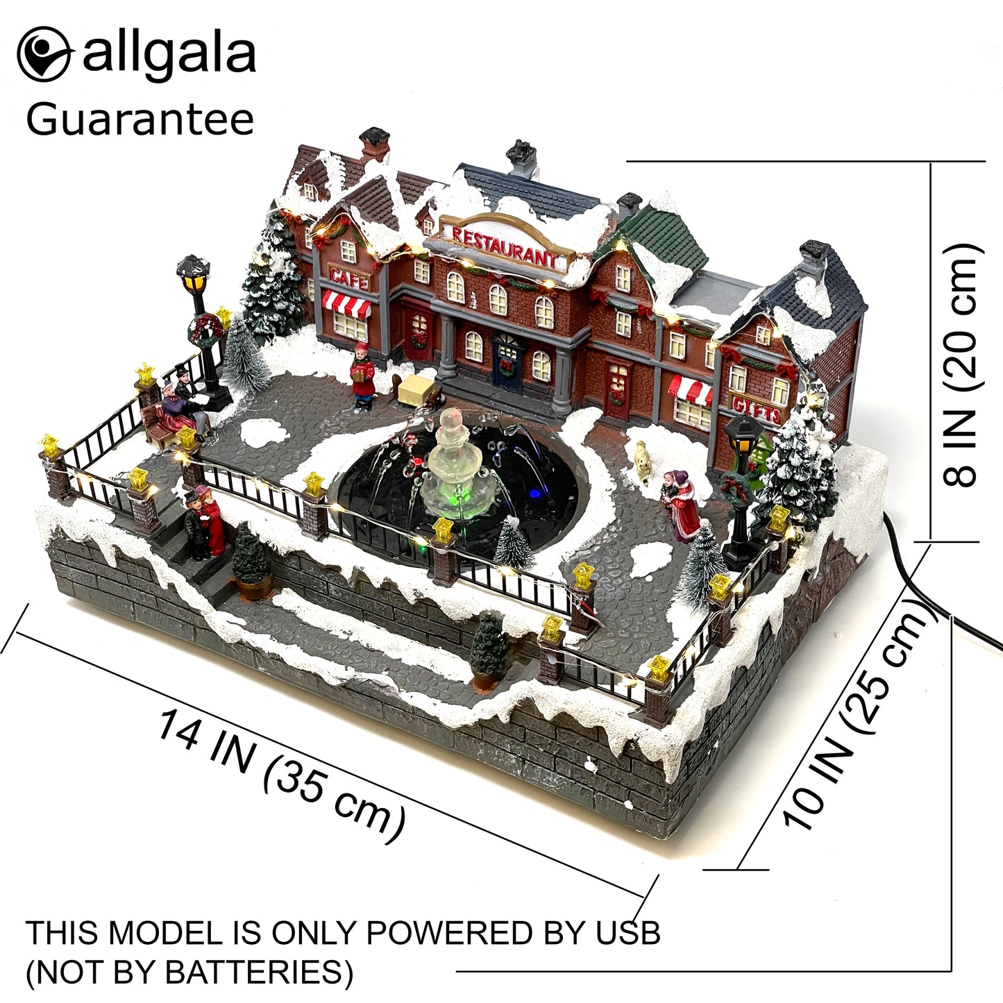 Crafted Polyresin Christmas House Collectable Figurine with USB Cable Power Source-Fountain in Town Center-XH93438