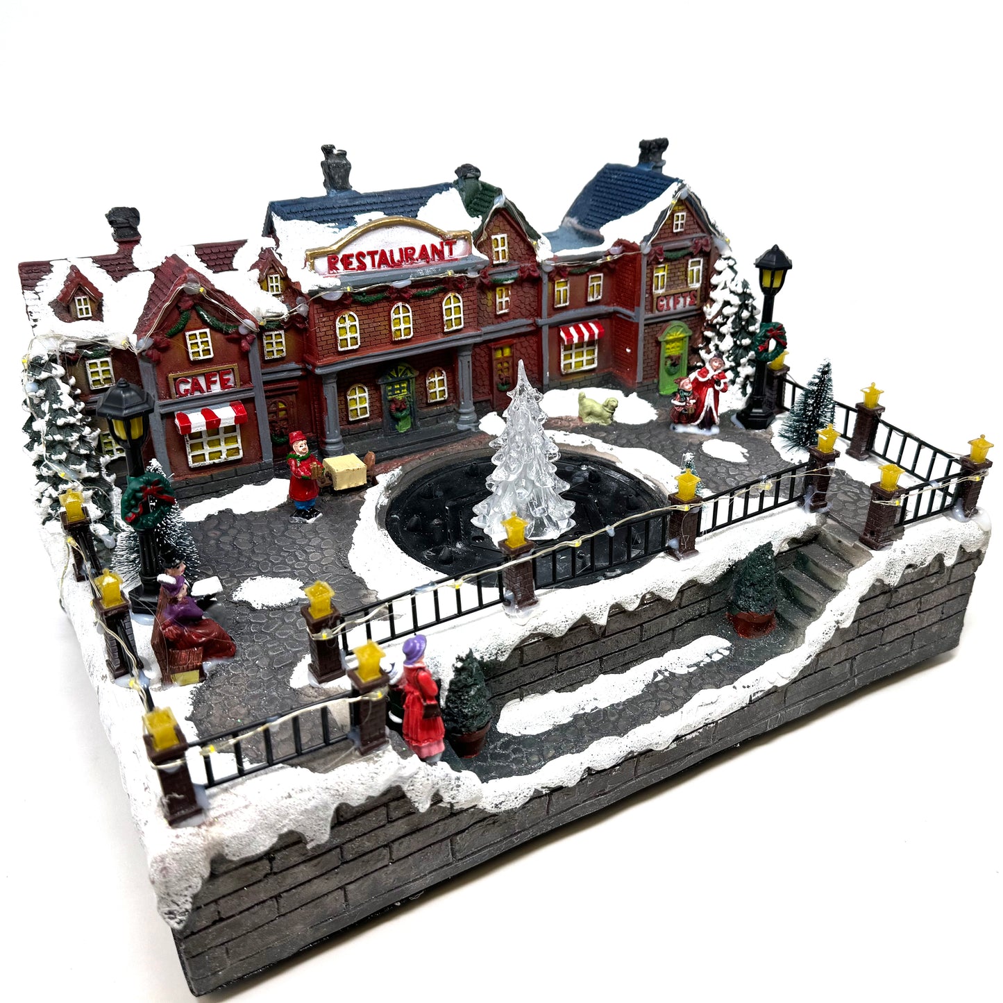 Crafted Polyresin Christmas House Collectable Figurine with USB Cable Power Source-Fountain in Town Center-XH93438