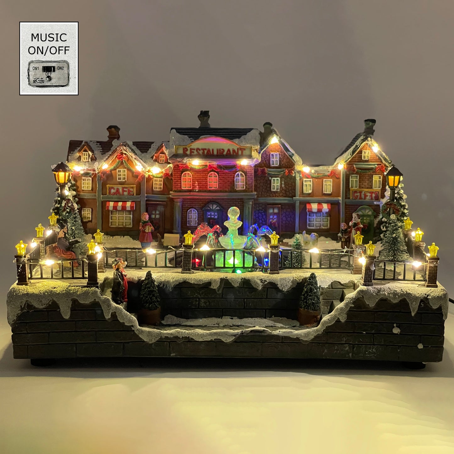 Crafted Polyresin Christmas House Collectable Figurine with USB Cable Power Source-Fountain in Town Center-XH93438