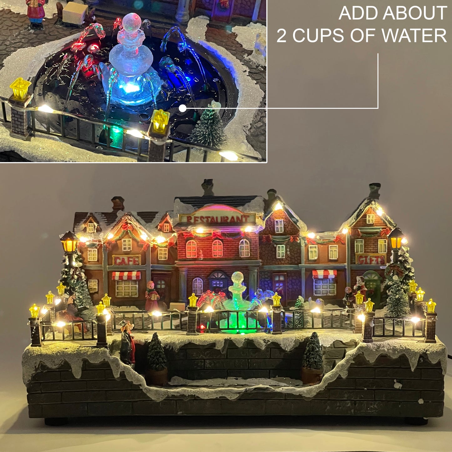 Crafted Polyresin Christmas House Collectable Figurine with USB Cable Power Source-Fountain in Town Center-XH93438