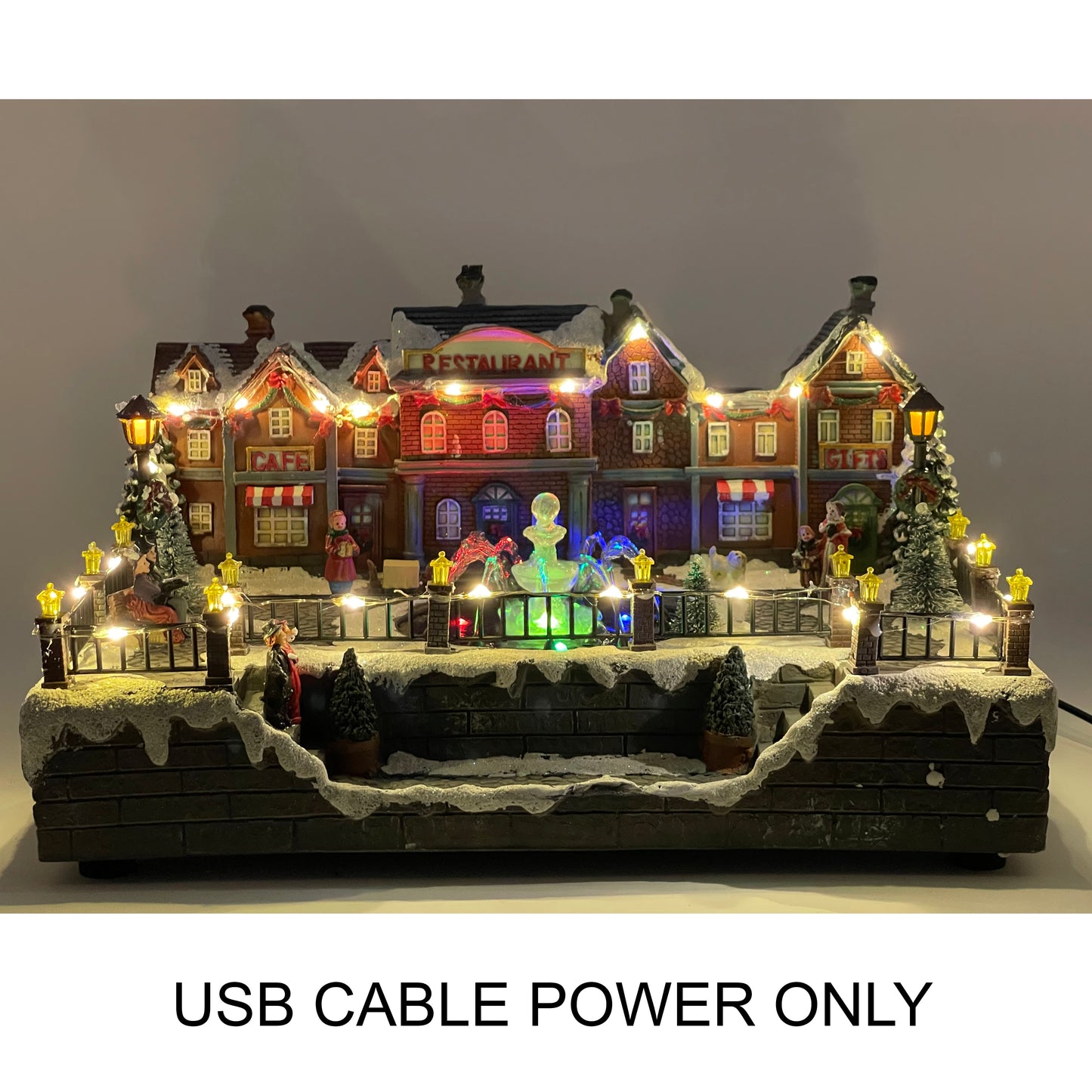 Crafted Polyresin Christmas House Collectable Figurine with USB Cable Power Source-Fountain in Town Center-XH93438