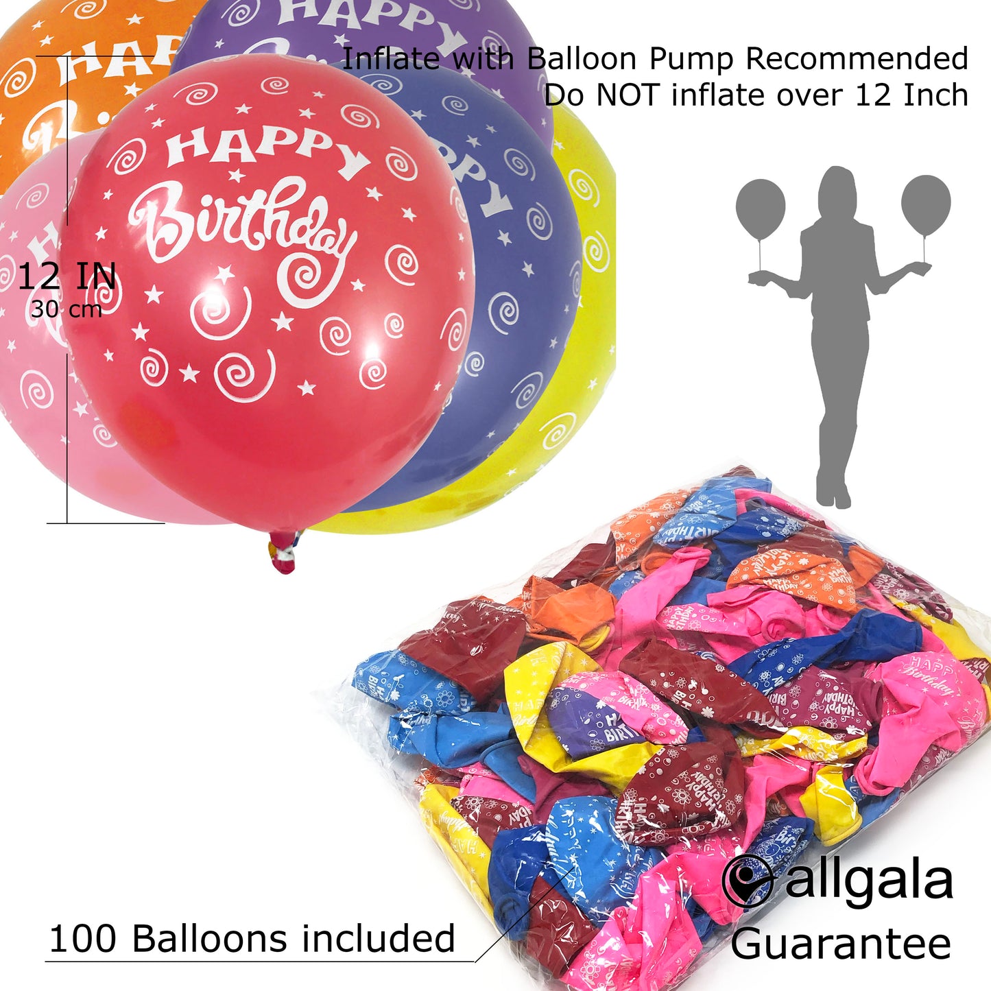 Allgala Balloons "Happy Birthday" 12" 100 Count Helium Grade Premium Printed Latex Balloons