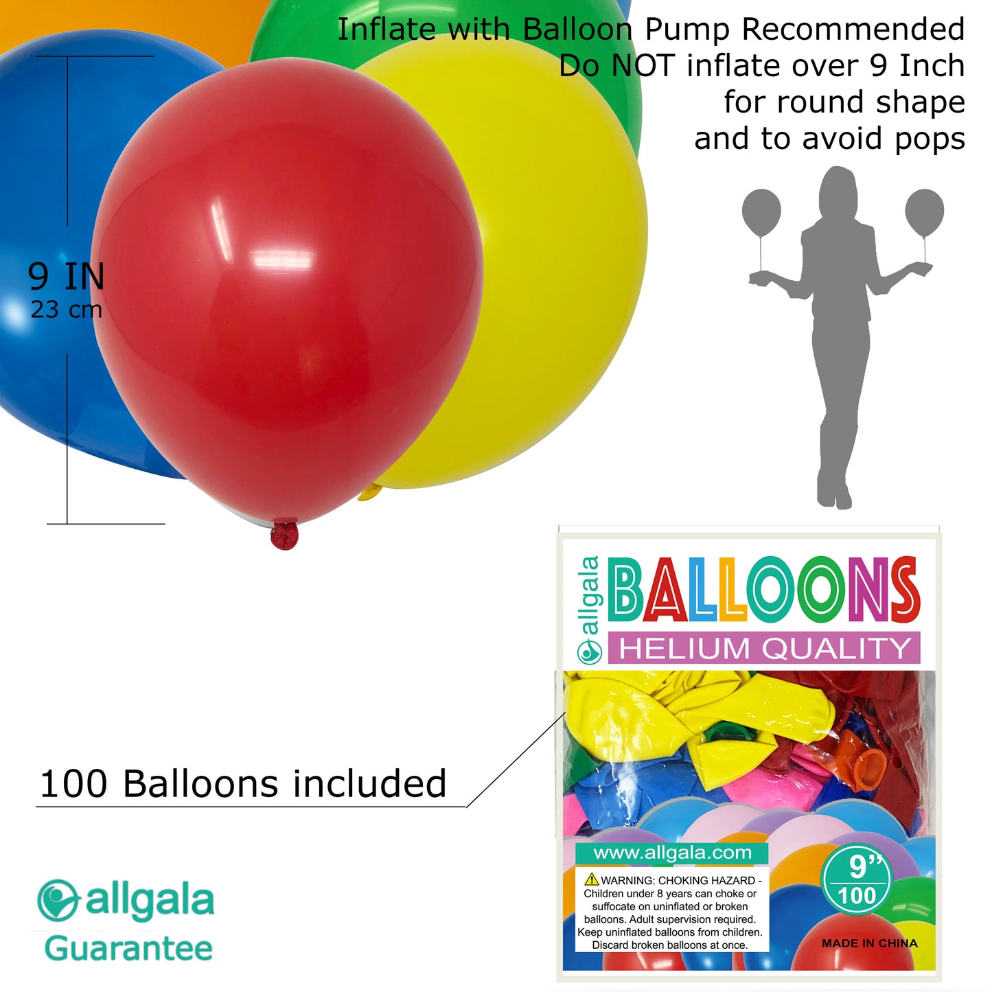 Allgala Balloons 9" 100 Count Helium Grade Premium Latex Balloons