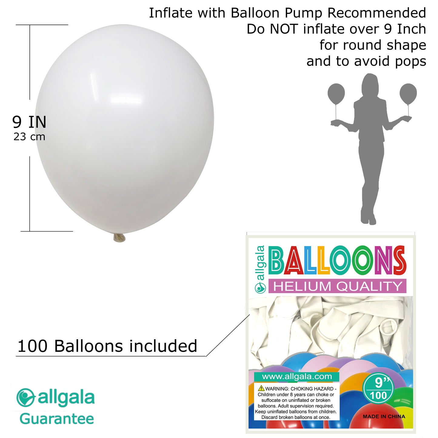 Allgala Balloons 9" 100 Count Helium Grade Premium Latex Balloons