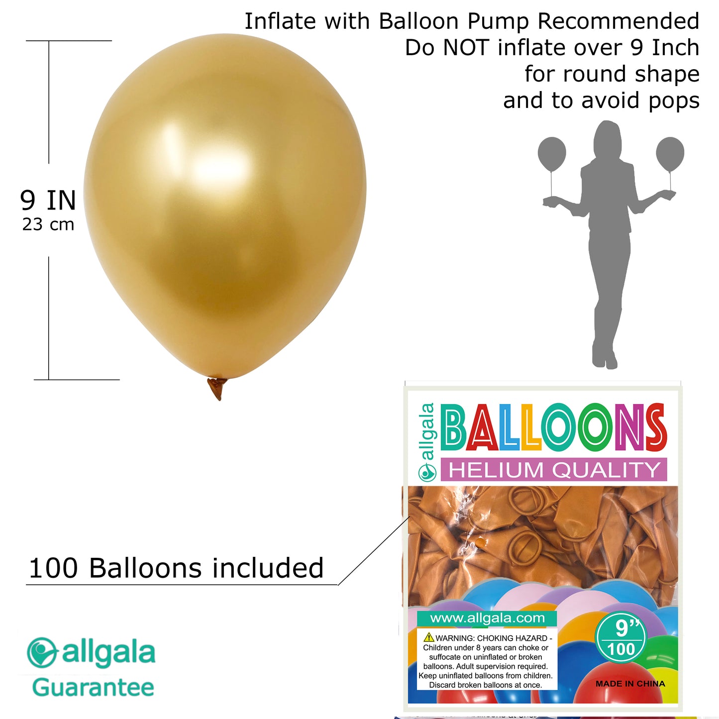 Allgala Balloons 9" 100 Count Helium Grade Premium Latex Balloons