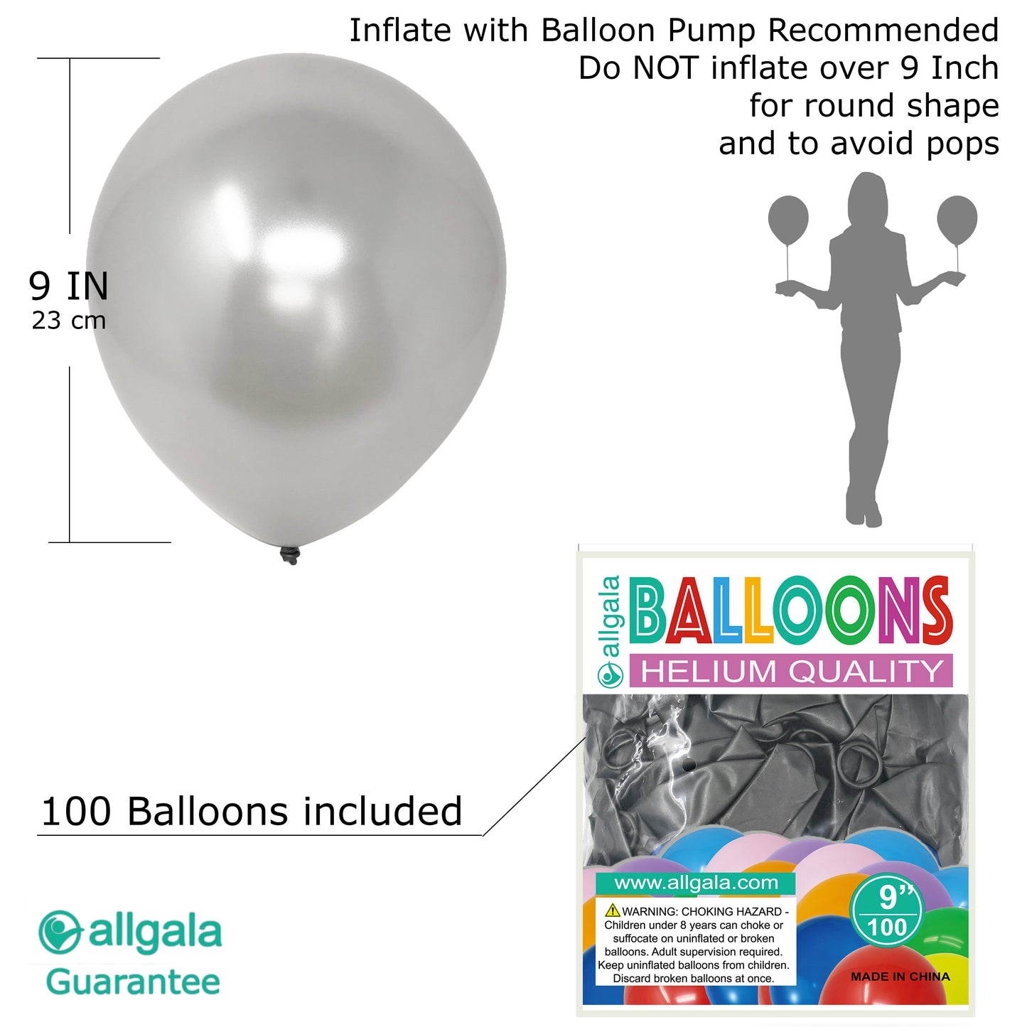 Allgala Balloons 9" 100 Count Helium Grade Premium Latex Balloons