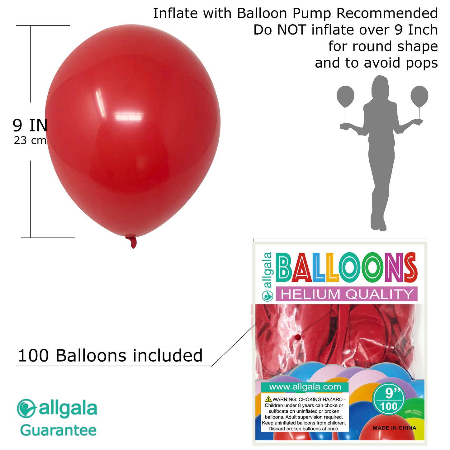 Allgala Balloons 9" 100 Count Helium Grade Premium Latex Balloons