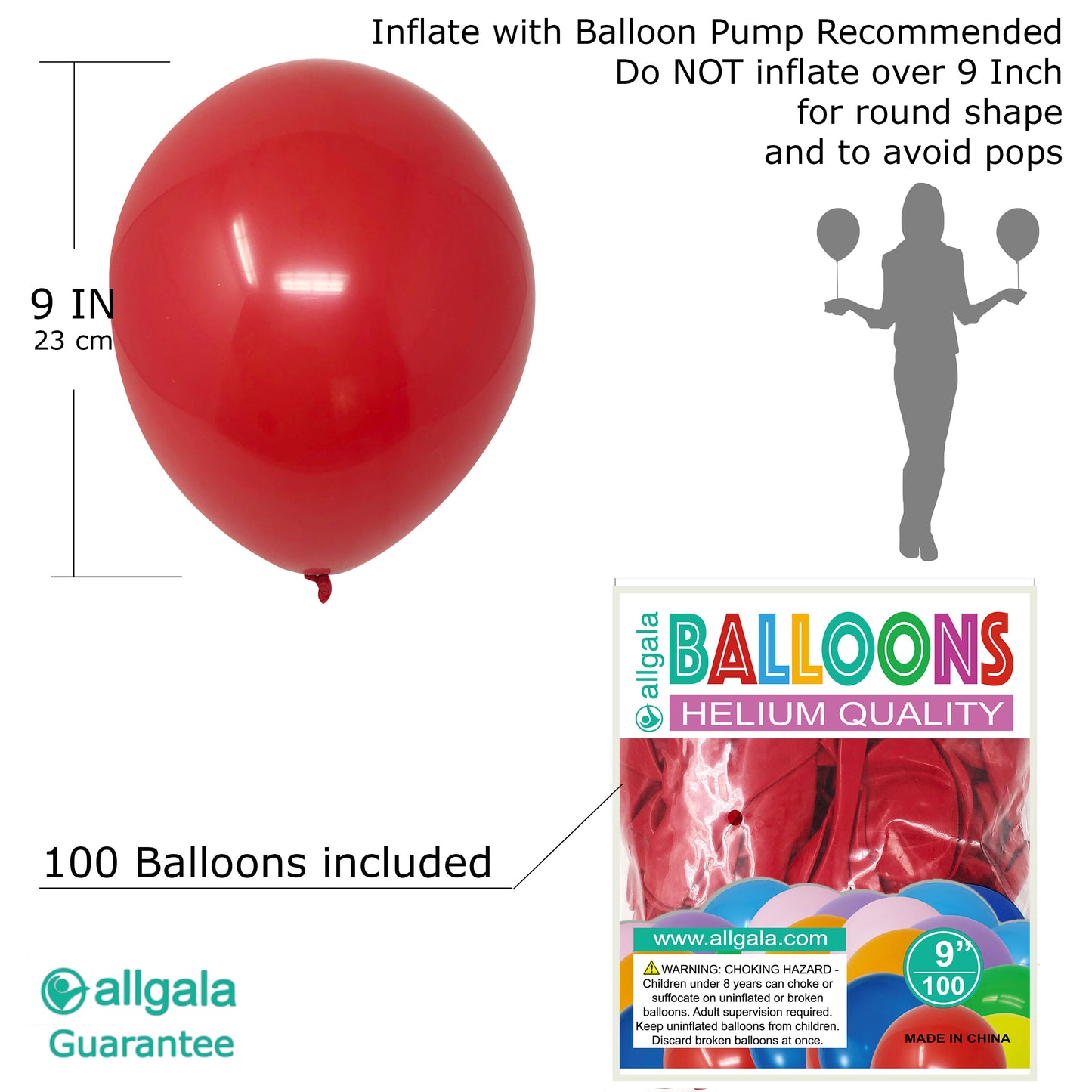 Allgala Balloons 9" 100 Count Helium Grade Premium Latex Balloons