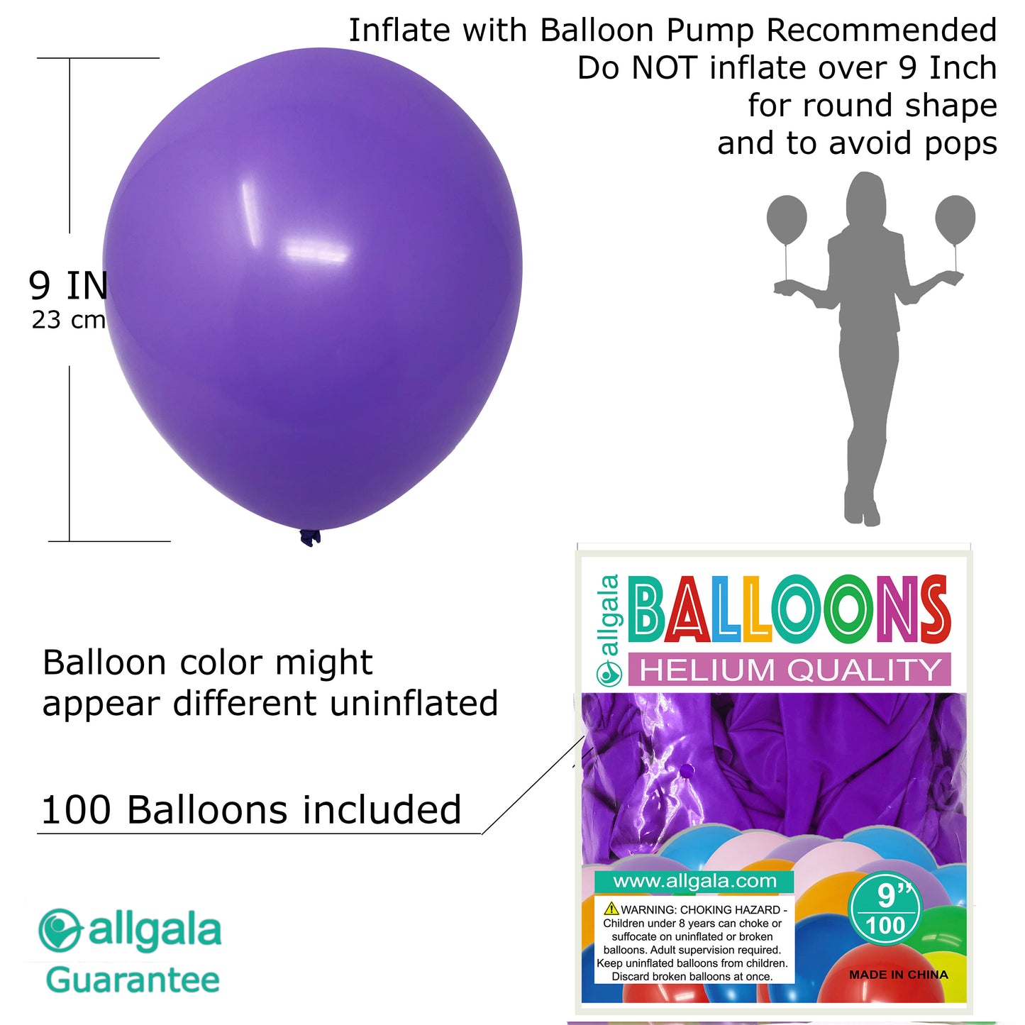 Allgala Balloons 9" 100 Count Helium Grade Premium Latex Balloons