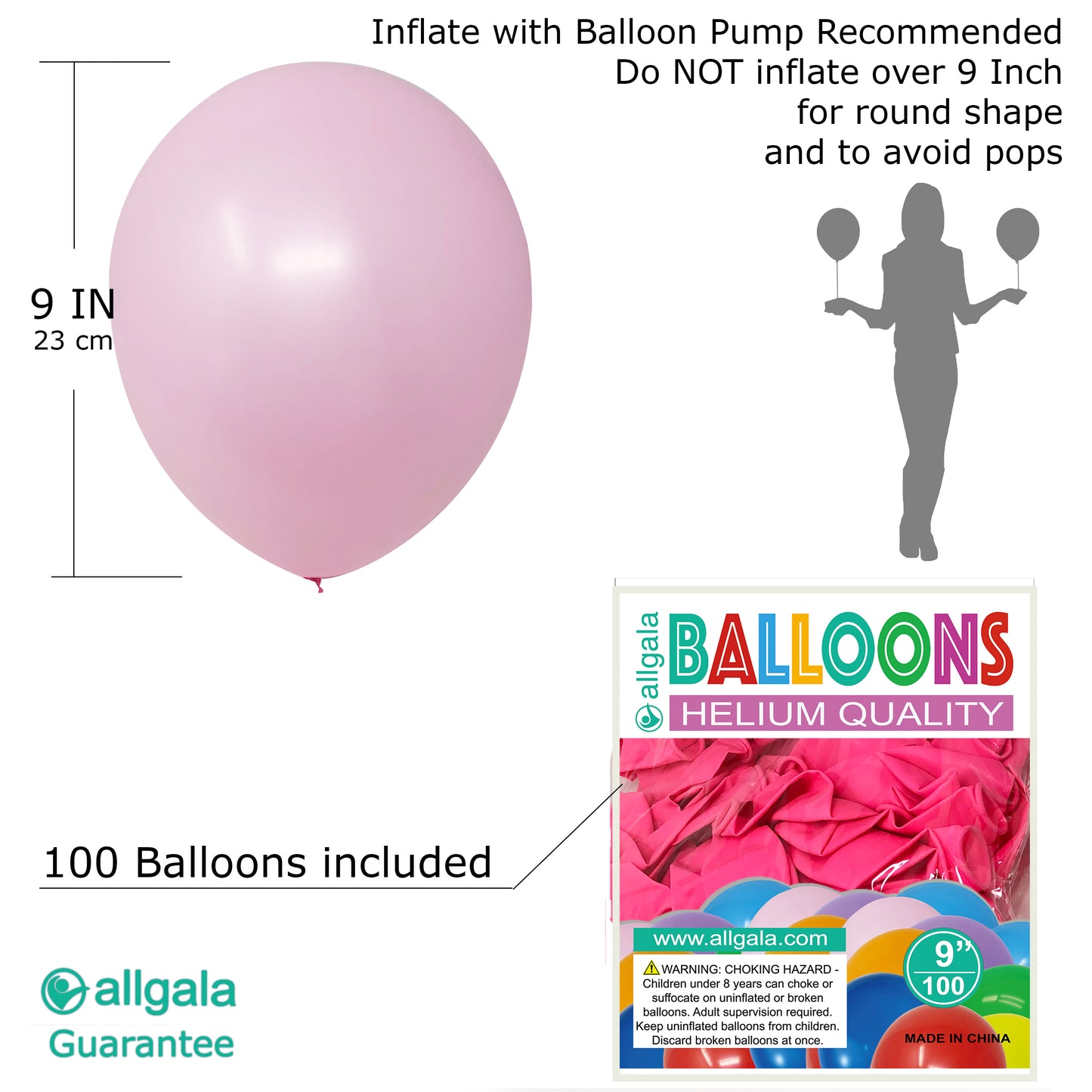 Allgala Balloons 9" 100 Count Helium Grade Premium Latex Balloons