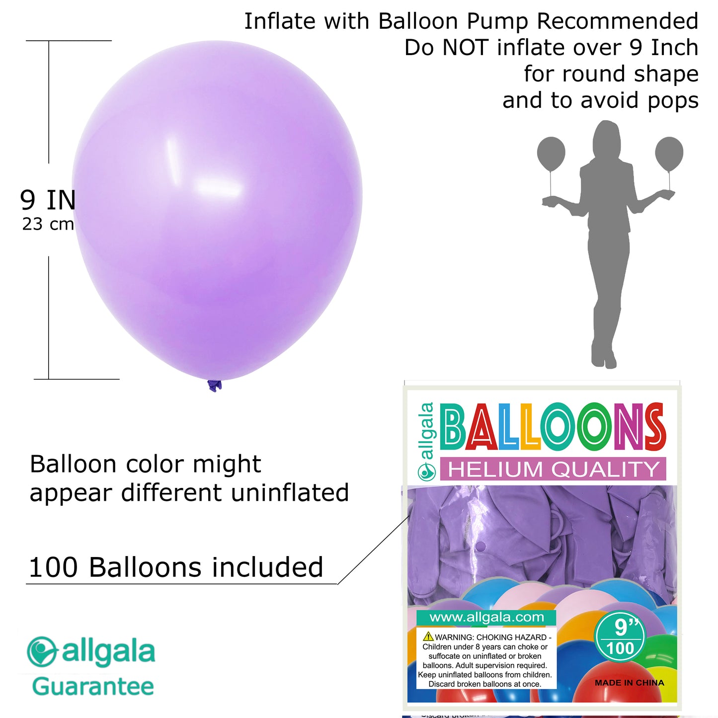 Allgala Balloons 9" 100 Count Helium Grade Premium Latex Balloons