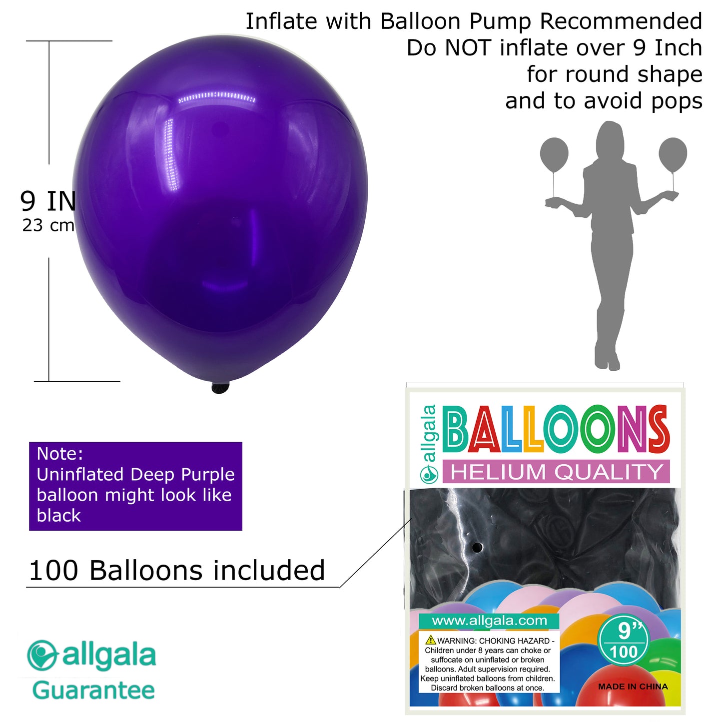 Allgala Balloons 9" 100 Count Helium Grade Premium Latex Balloons