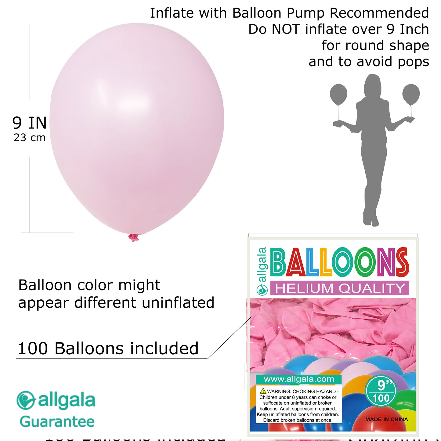 Allgala Balloons 9" 100 Count Helium Grade Premium Latex Balloons
