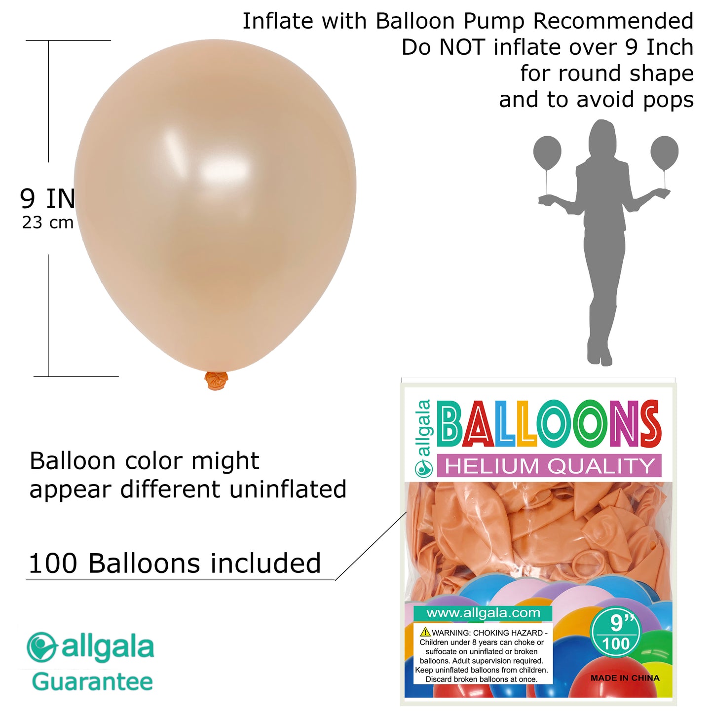 Allgala Balloons 9" 100 Count Helium Grade Premium Latex Balloons