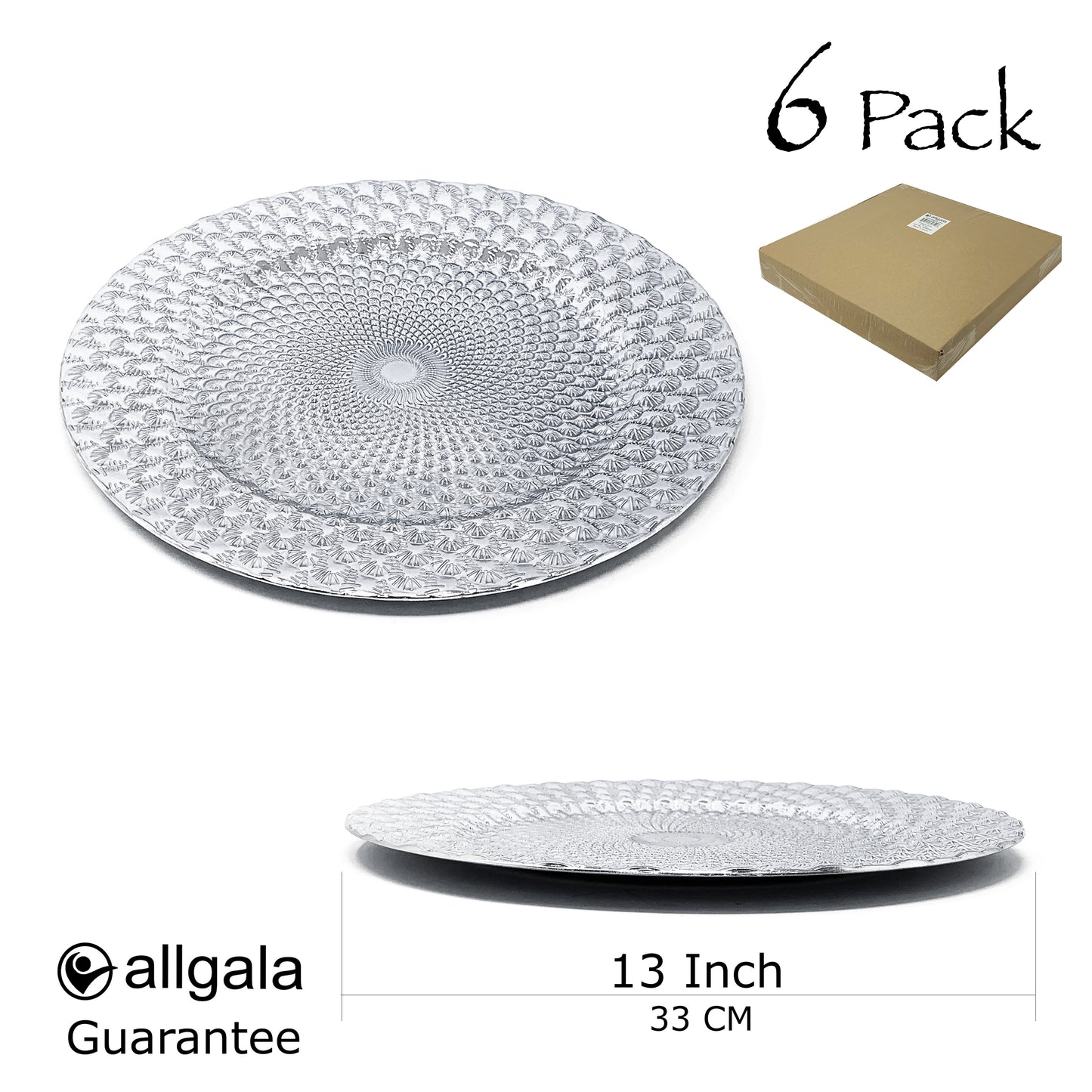 Allgala Charger Plates 13-Inch 6-Pack Plastic Peacock Style Round Charger Plates