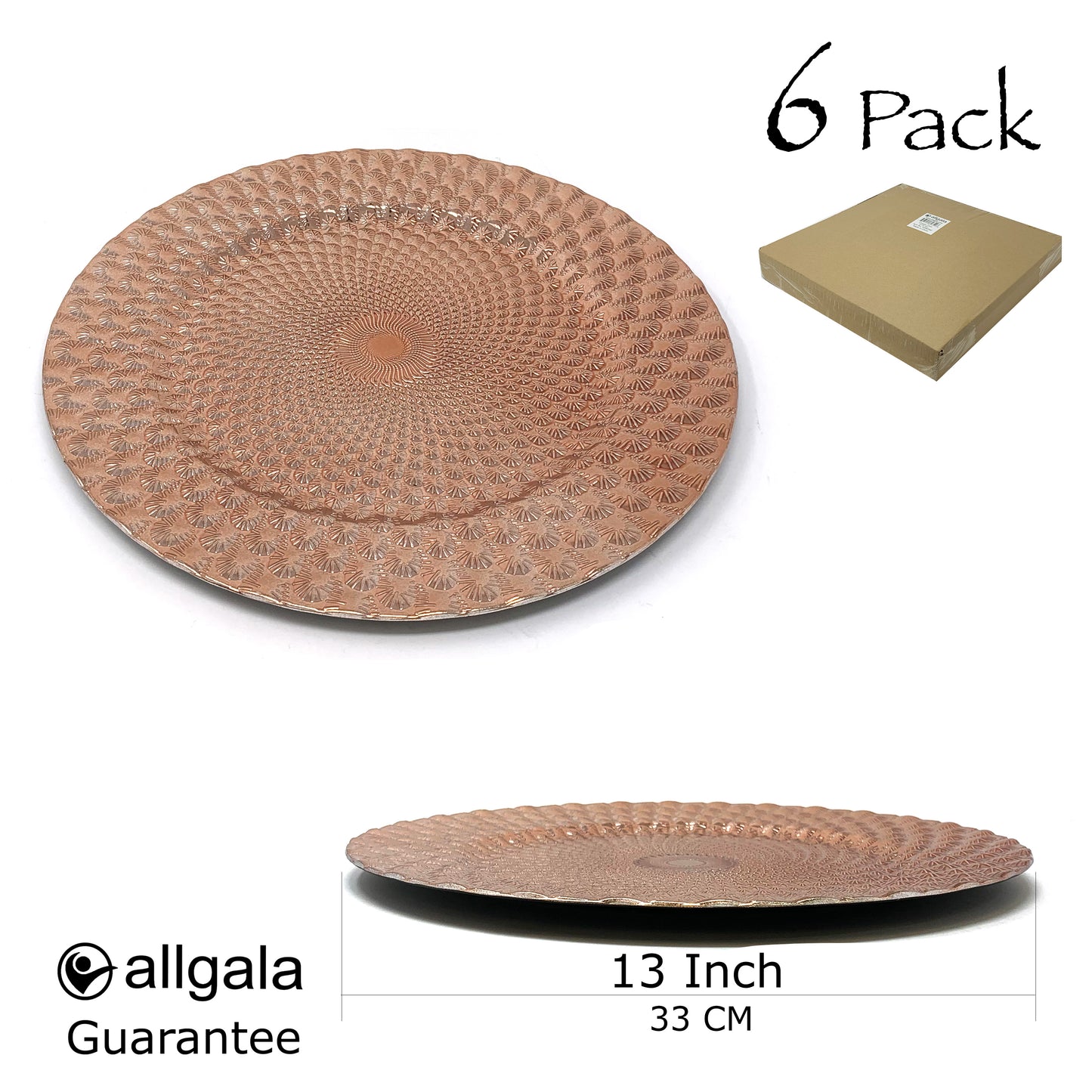 Allgala Charger Plates 13-Inch 6-Pack Plastic Peacock Style Round Charger Plates