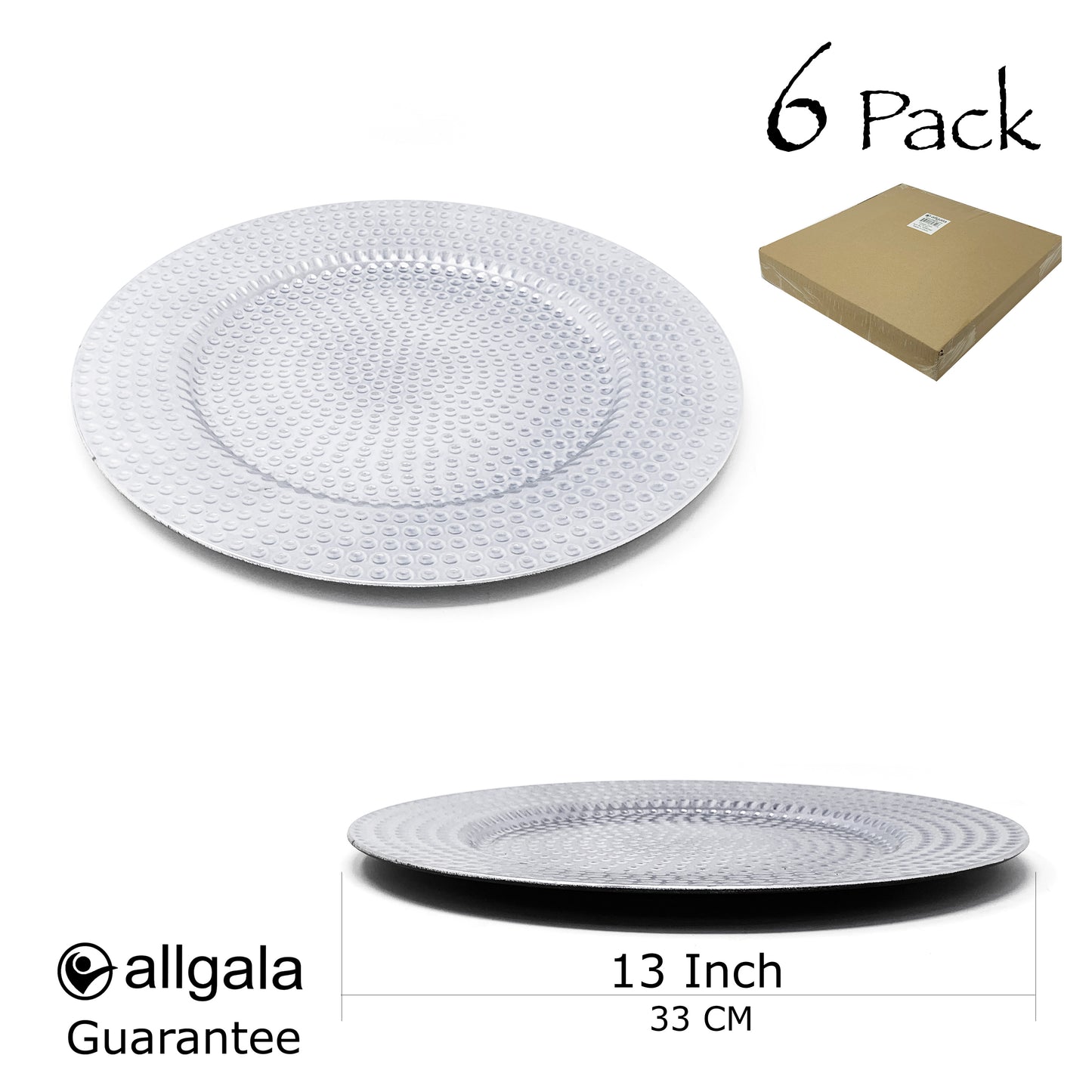 Allgala Charger Plates 13-Inch 6-Pack Plastic Hammered Round Charger Plates