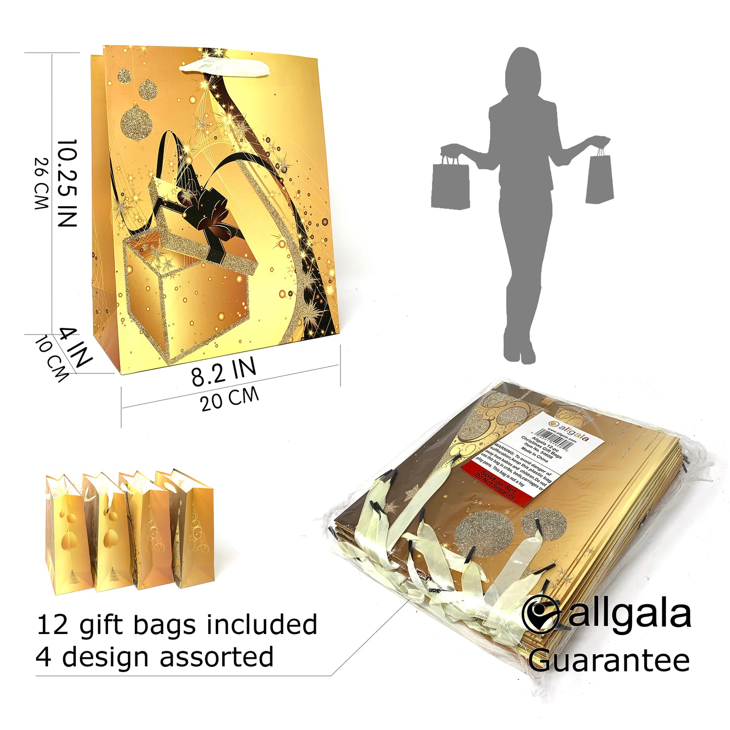 Allgala Gift Bags Christmas Design 12-PC Premium 210GSM Paper Gift Bags
