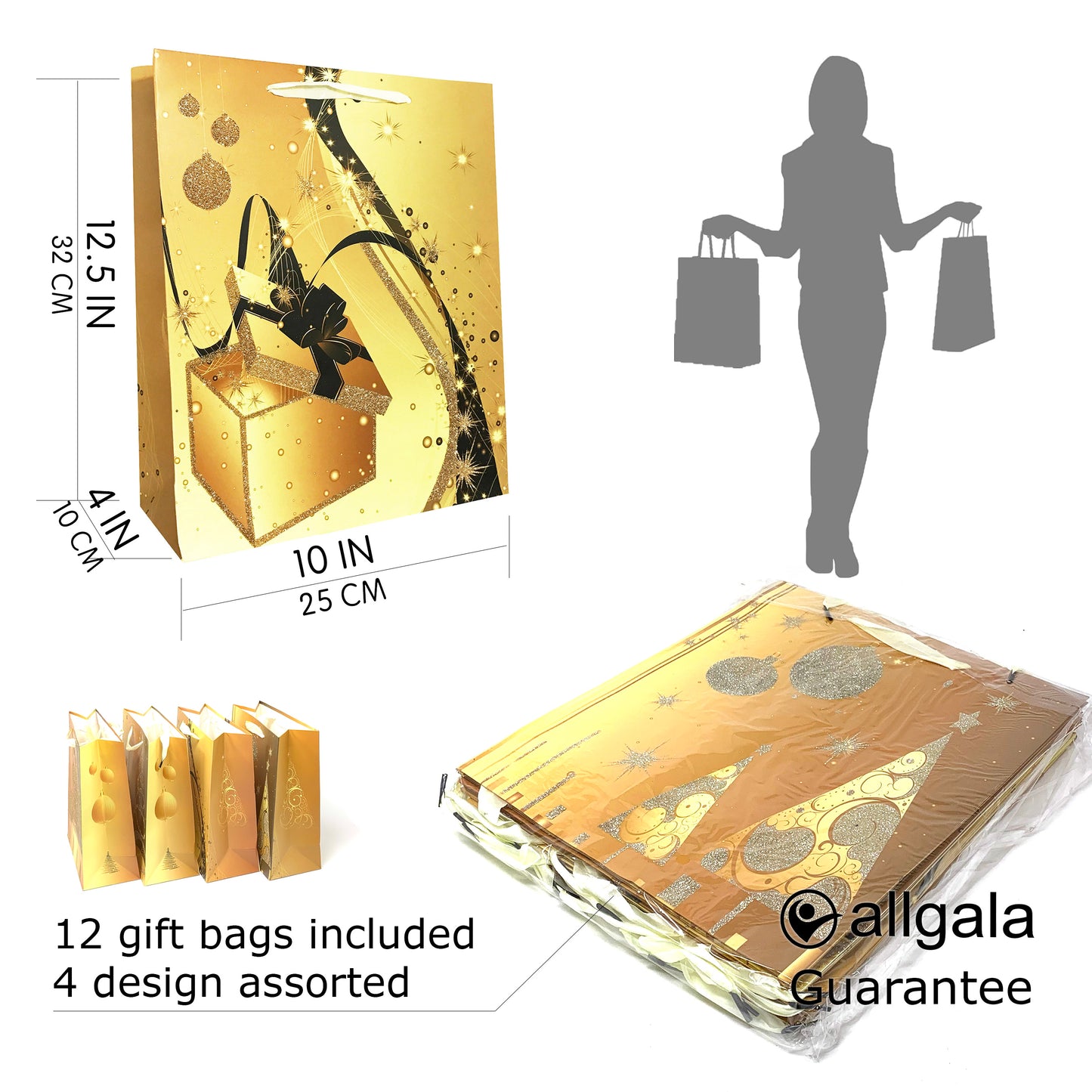 Allgala Gift Bags Christmas Design 12-PC Premium 210GSM Paper Gift Bags