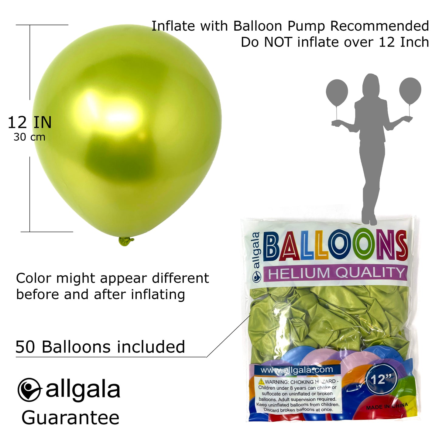 Allgala Balloons 12" 50 Count 2.8g Premium Heavy Metallic Chrome Latex Balloons