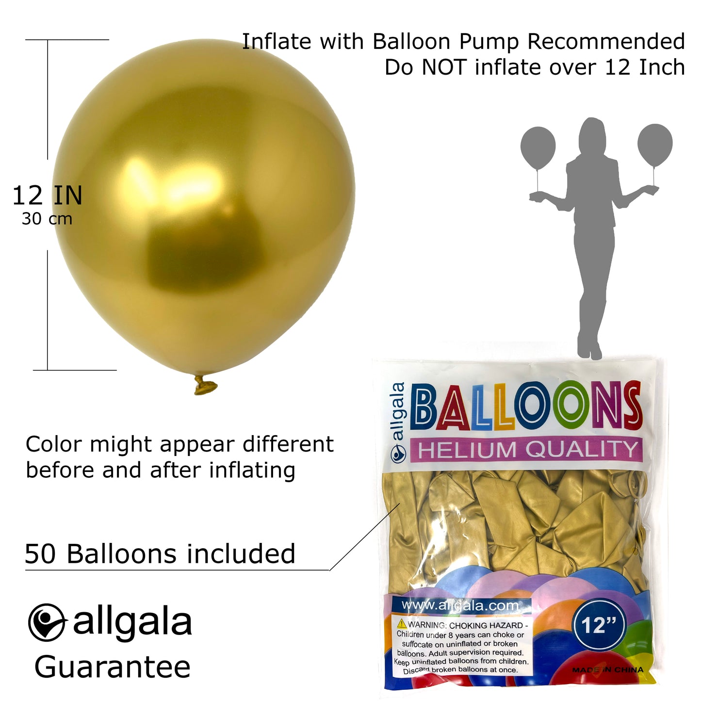 Allgala Balloons 12" 50 Count 2.8g Premium Heavy Metallic Chrome Latex Balloons