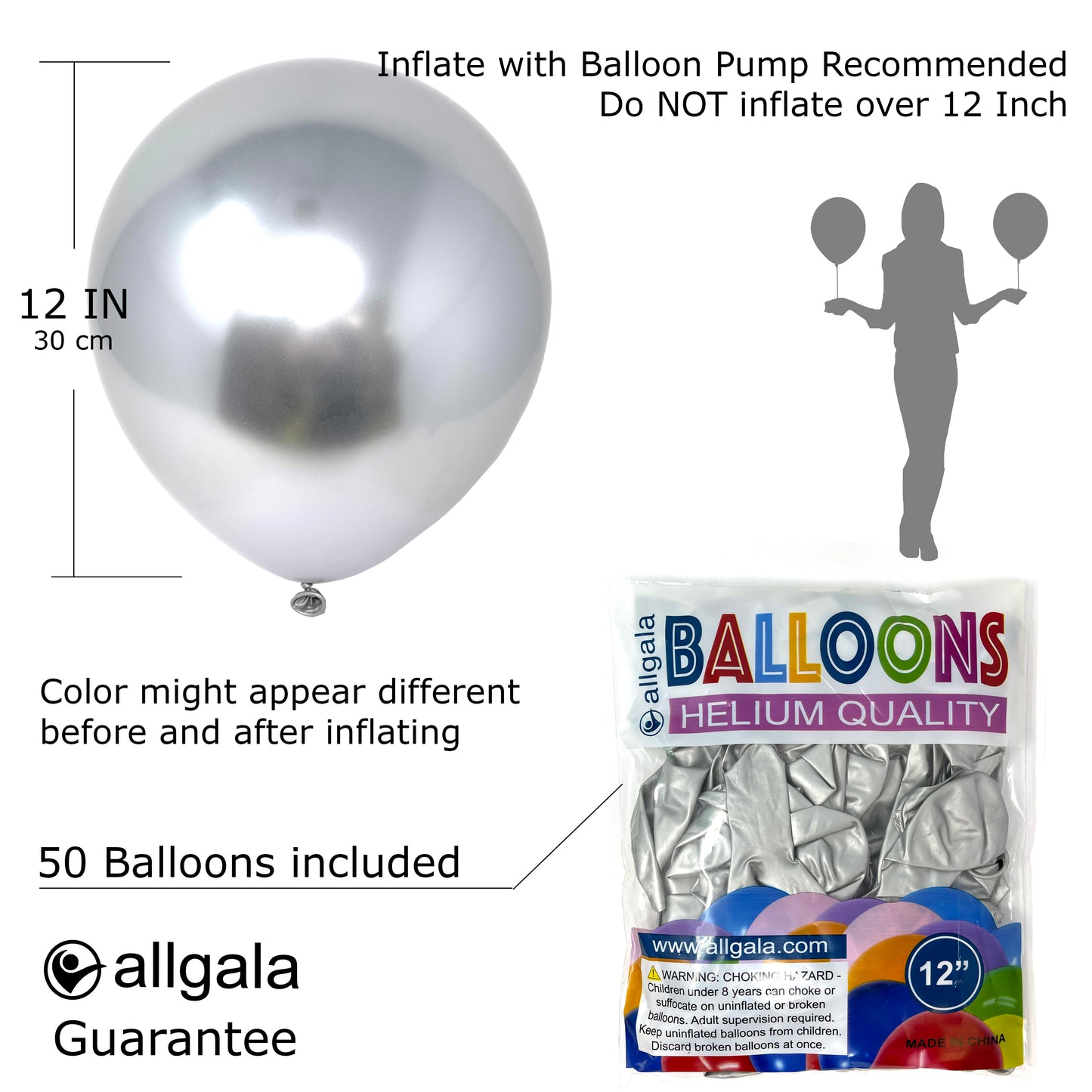 Allgala Balloons 12" 50 Count 2.8g Premium Heavy Metallic Chrome Latex Balloons