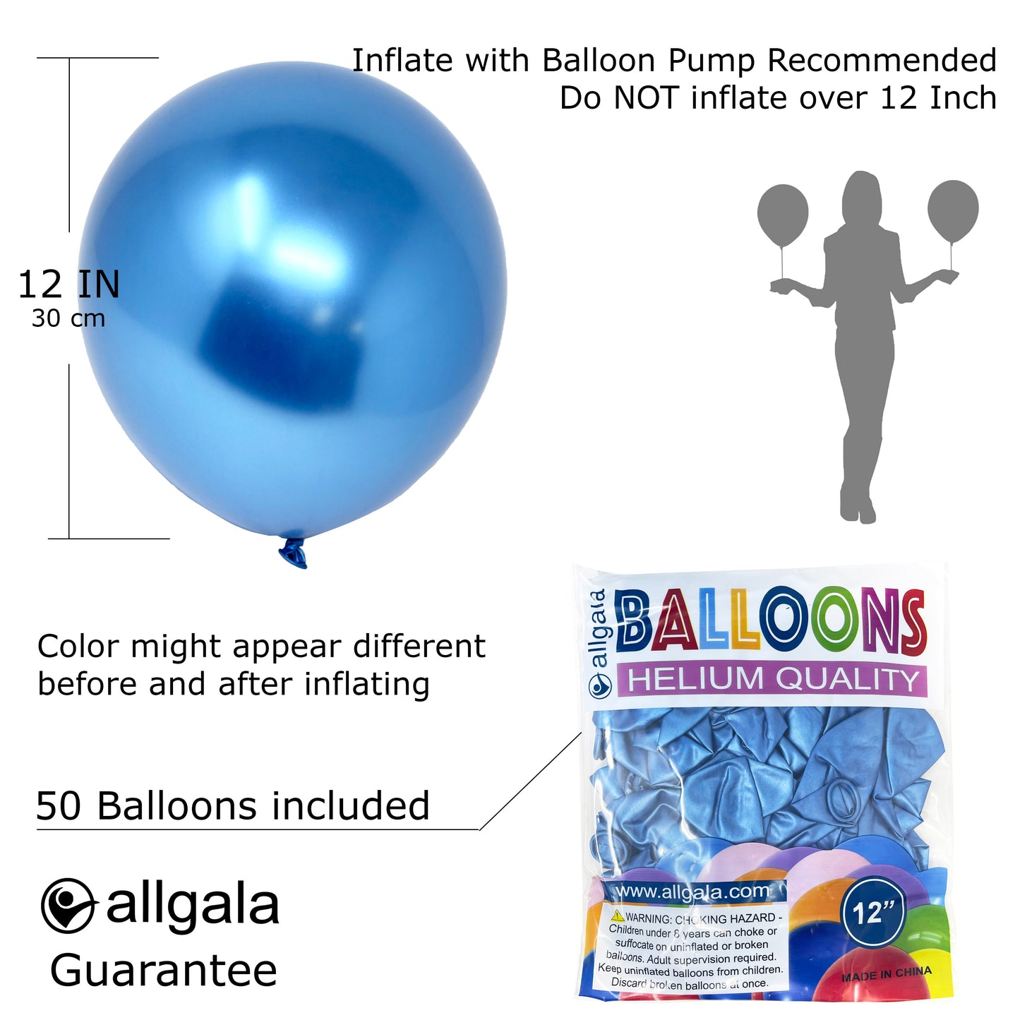Allgala Balloons 12" 50 Count 2.8g Premium Heavy Metallic Chrome Latex Balloons