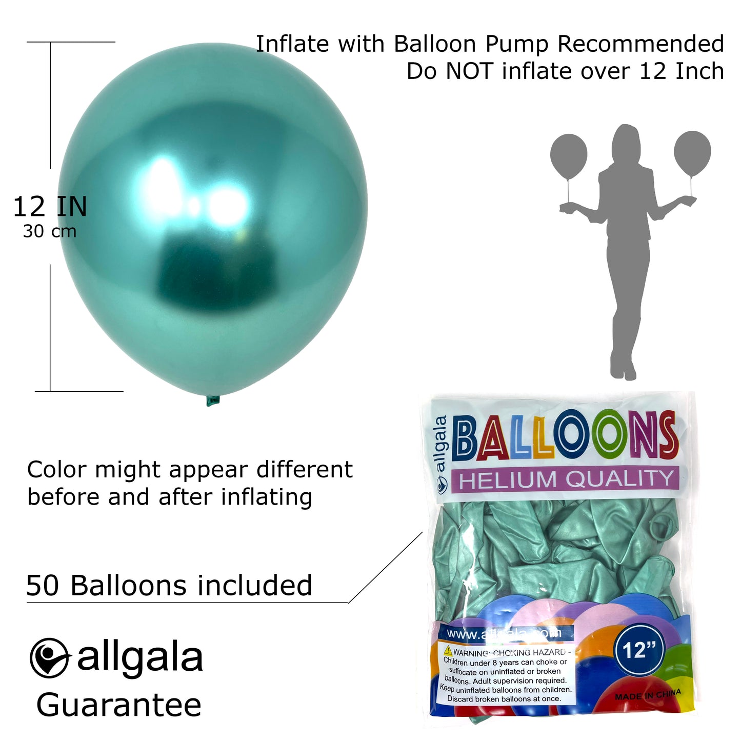 Allgala Balloons 12" 50 Count 2.8g Premium Heavy Metallic Chrome Latex Balloons