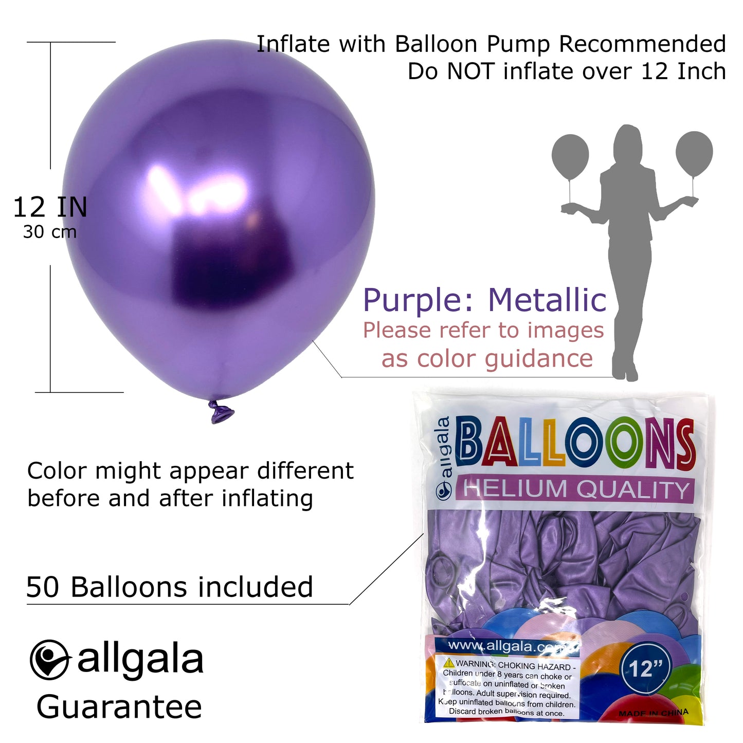 Allgala Balloons 12" 50 Count 2.8g Premium Heavy Metallic Chrome Latex Balloons