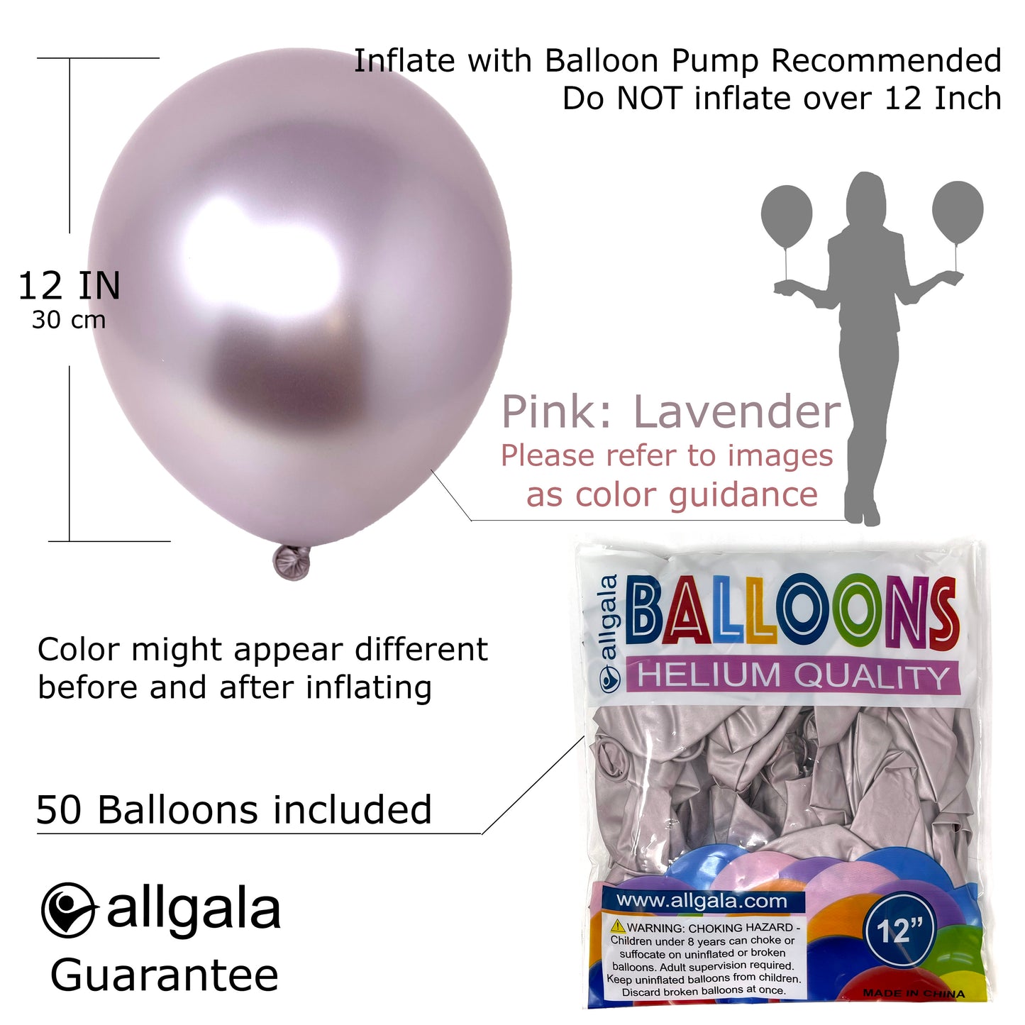 Allgala Balloons 12" 50 Count 2.8g Premium Heavy Metallic Chrome Latex Balloons