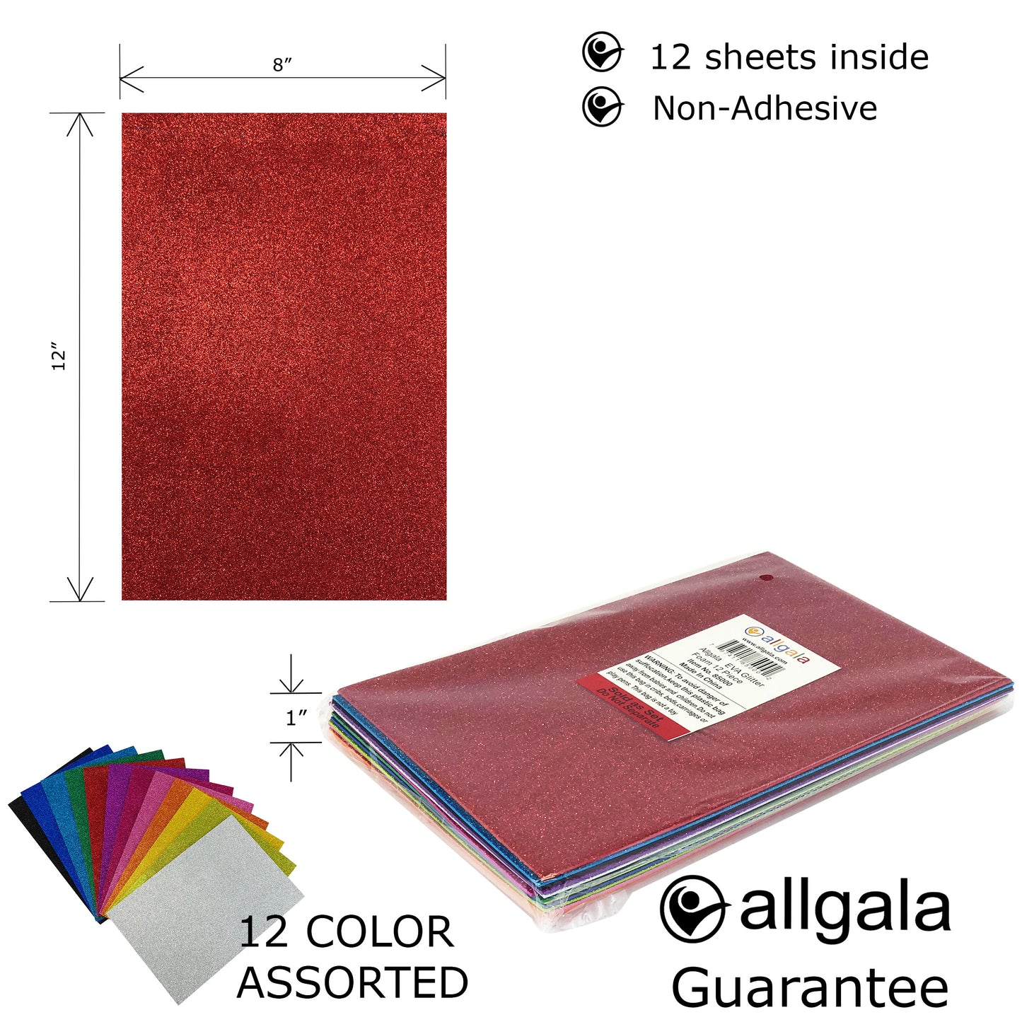 Allgala Foam Sheet 12 Pack Glitter EVA Foam Paper 8" x 12" Sheets for Kids Art Project, Cosplay Costume, Arts and Crafts